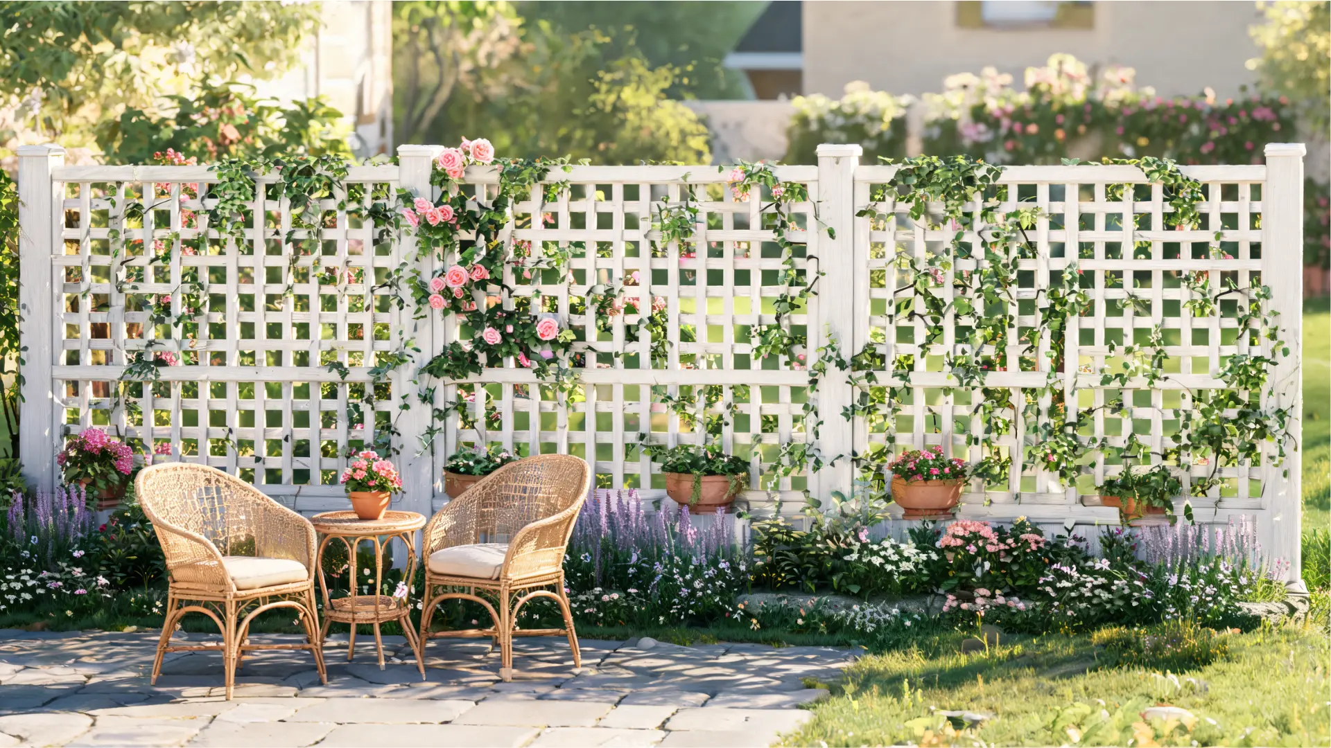 square trellis panel fence with climbing vines in a cottage-style garden patio with soft decorative privacy