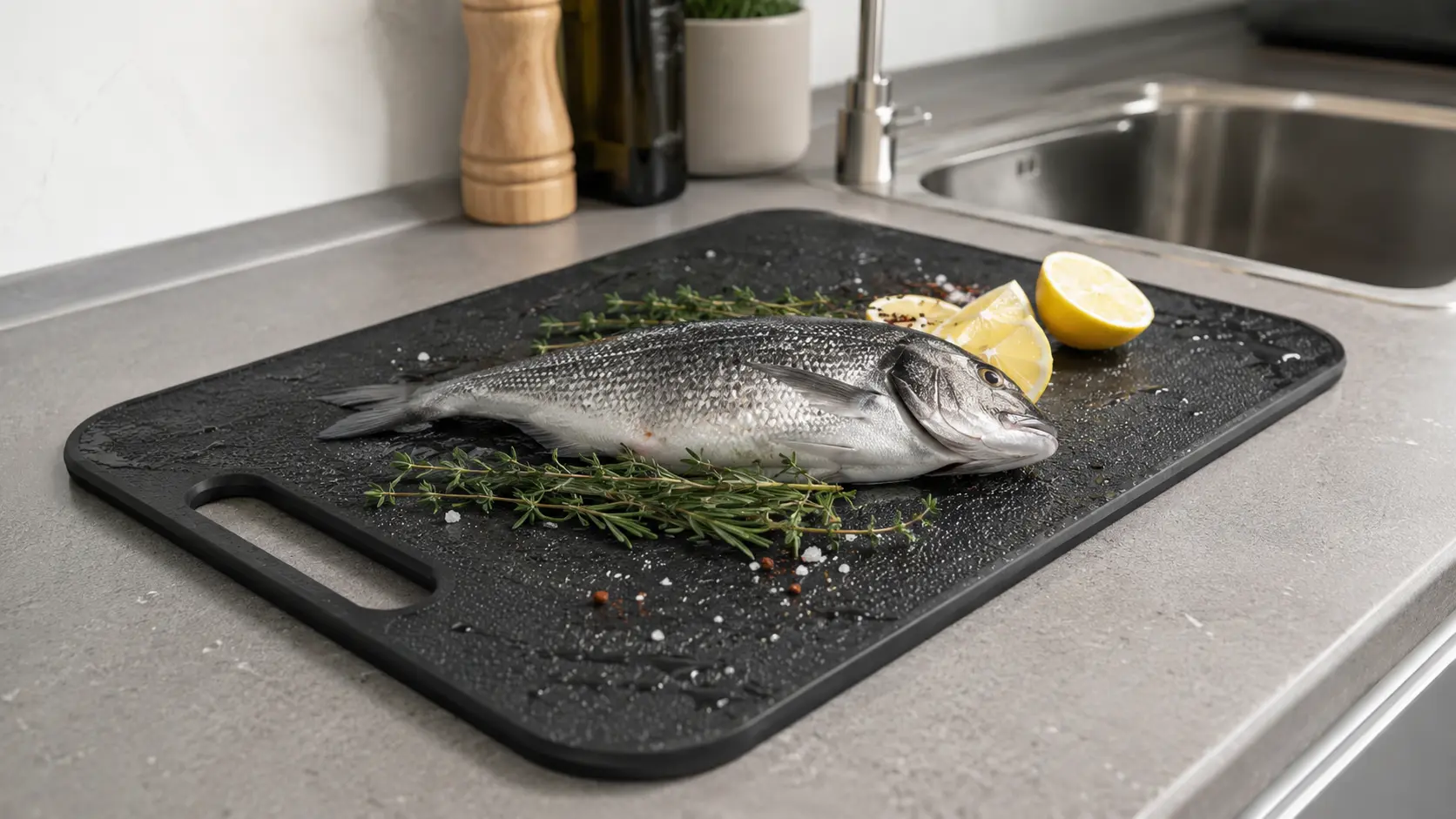 a black rubber cutting board with fish lemon and herbs beside a kitchen sink showing a grippy easy clean prep surface
