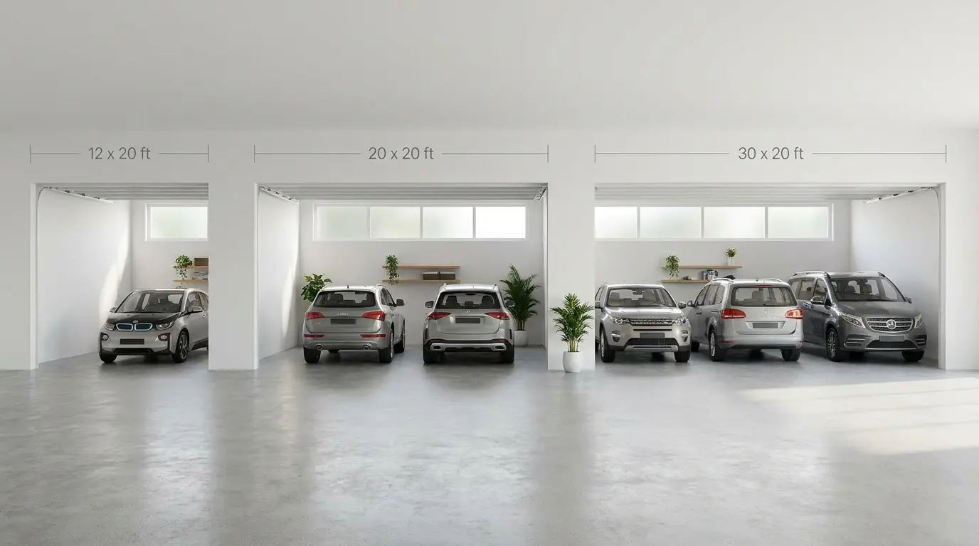 standard garage size guide with single double and triple garage layouts shown with parked cars