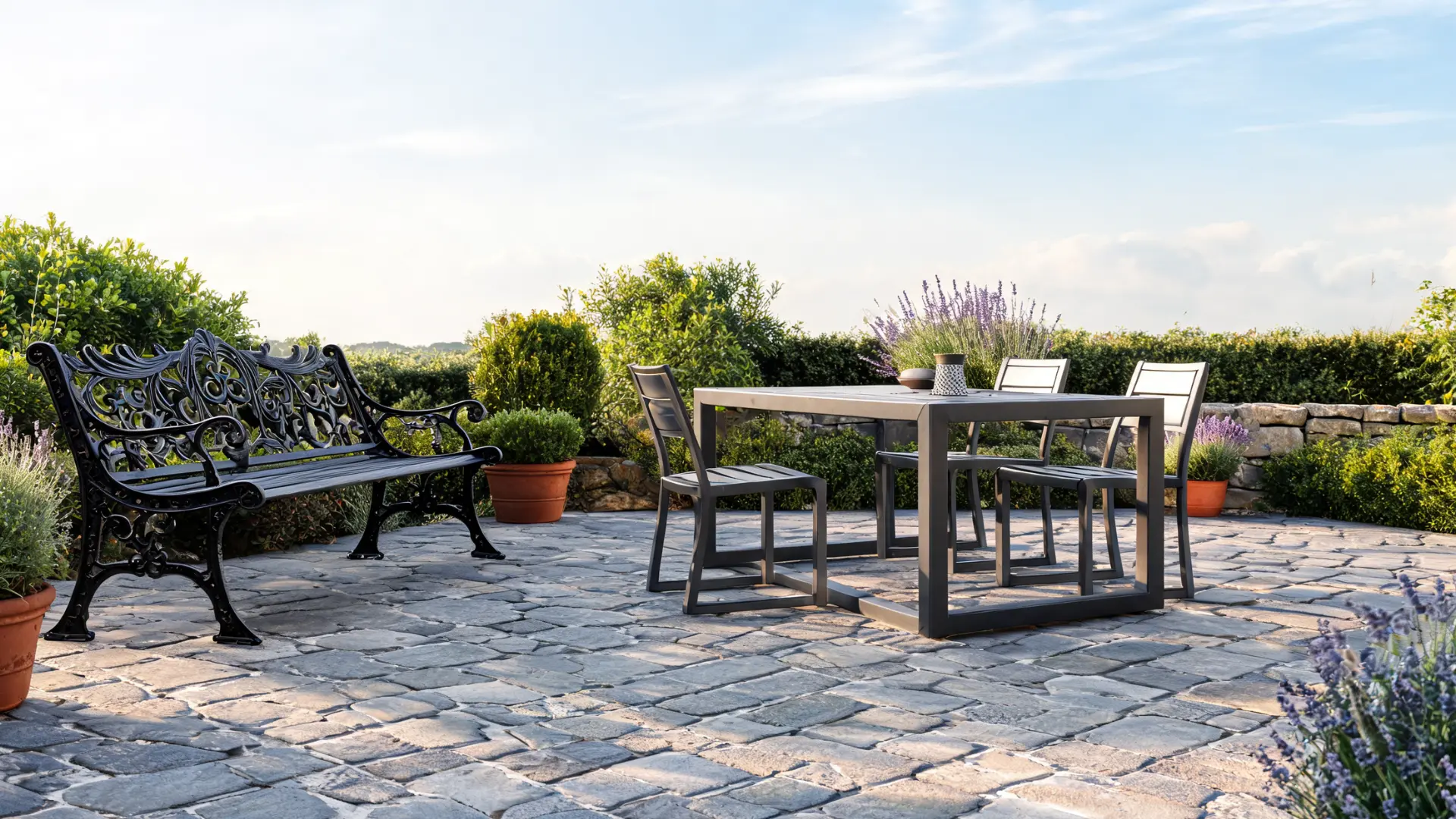 wrought iron garden bench and steel outdoor dining set on a stone patio with surrounding greenery
