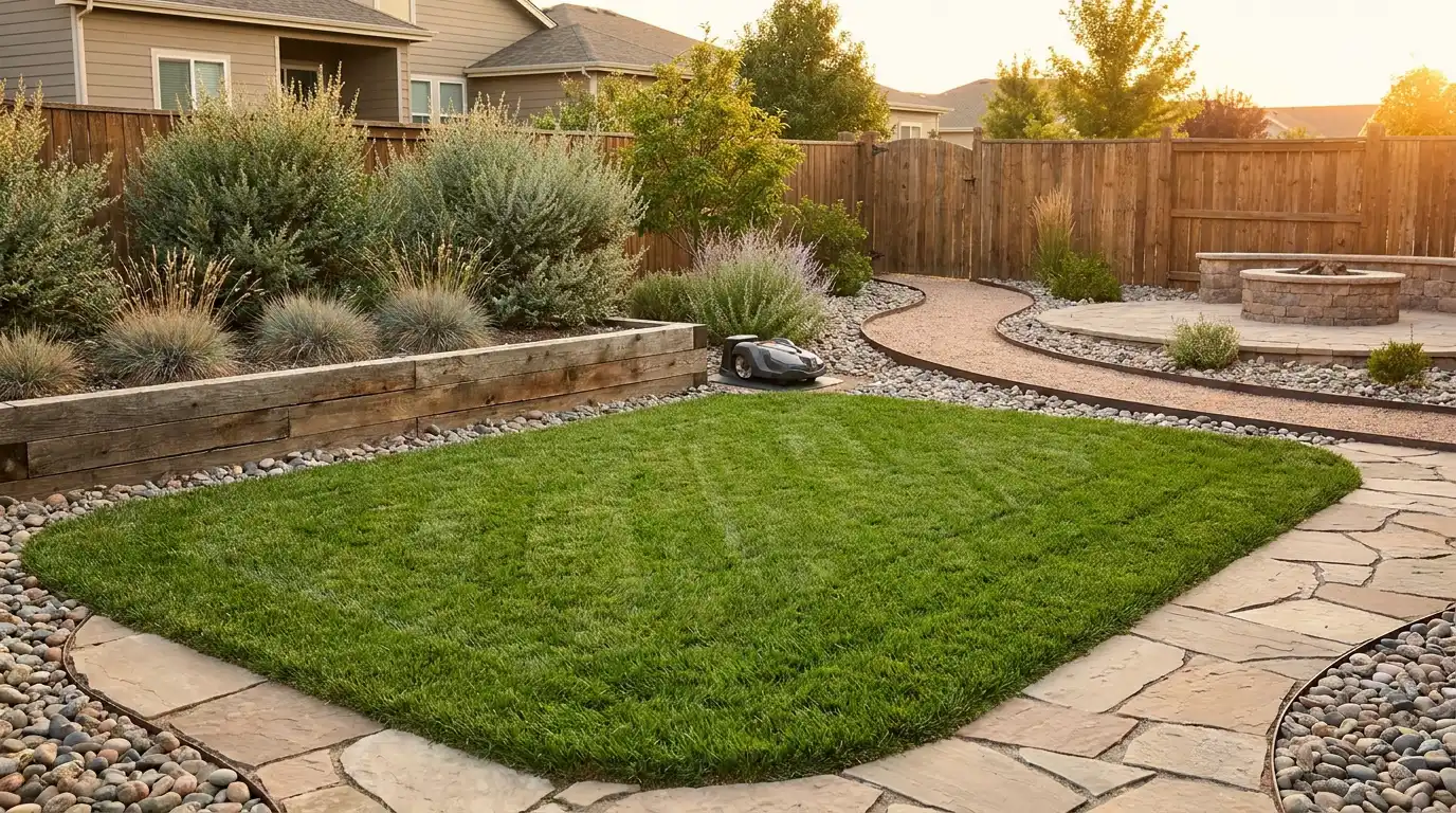 stone, gravel, and clean edging replace tricky grass areas to reduce mowing and yard cleanup each week