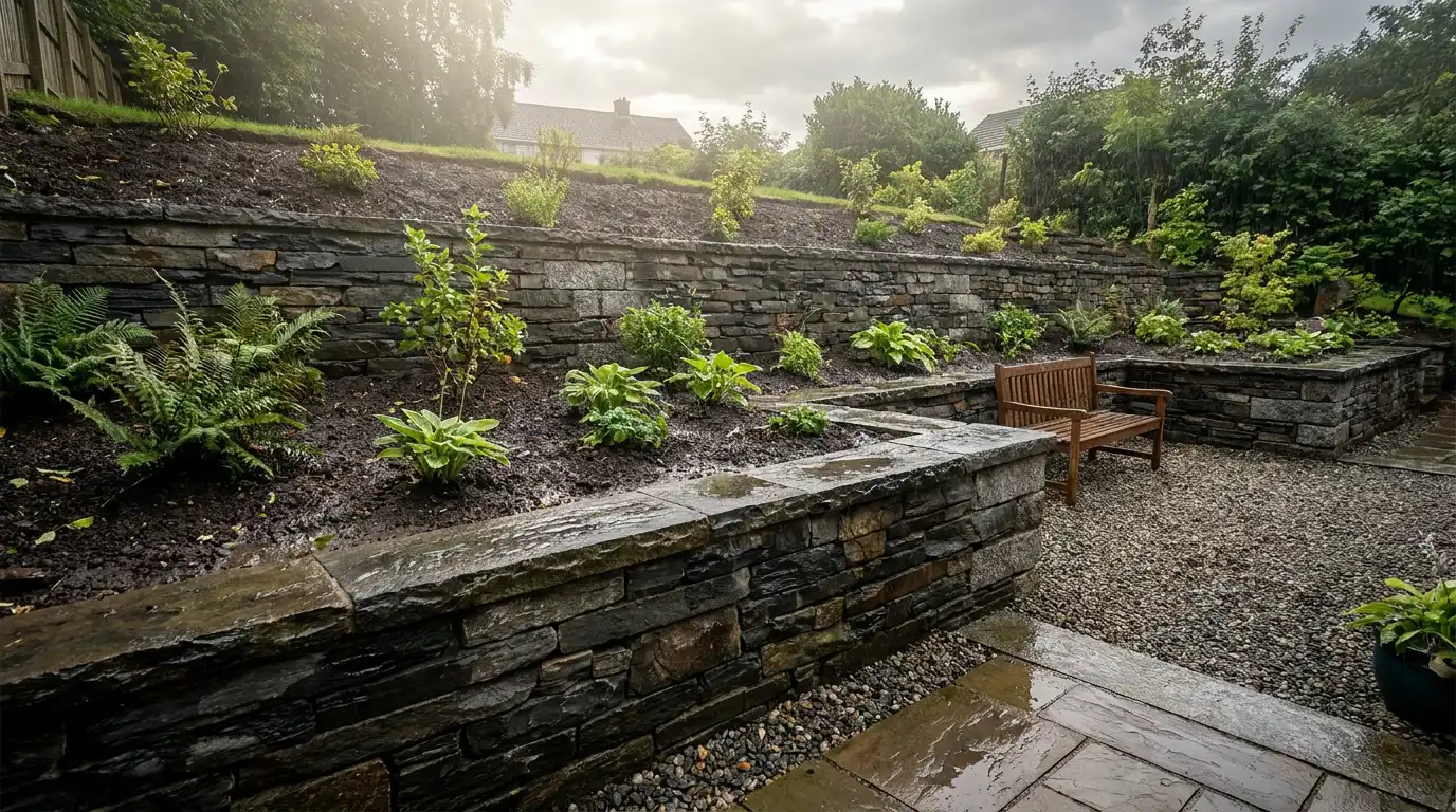 stone retaining wall holding a sloped garden in place while creating clean raised planting areas with depth