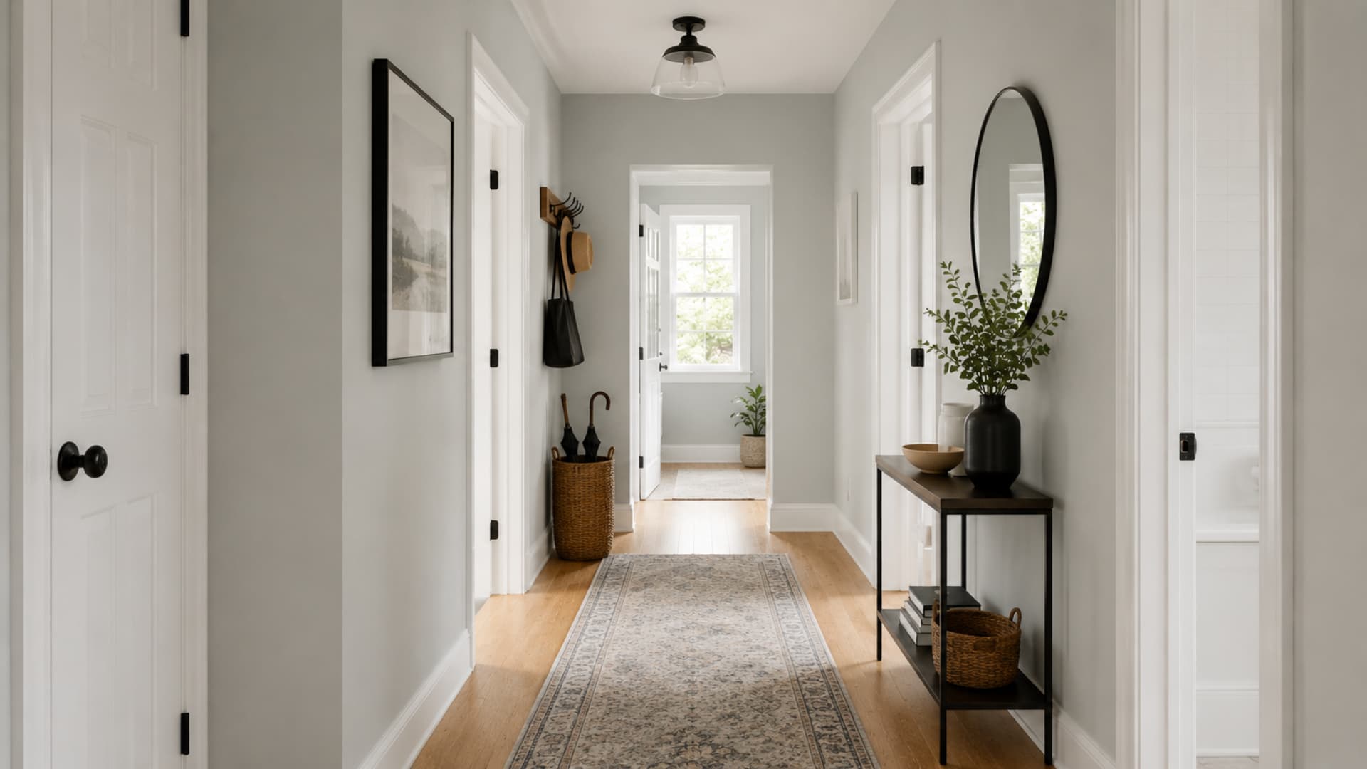 a stonington gray hallway with white trim, warm wood floors, black accents, and a soft patterned runner