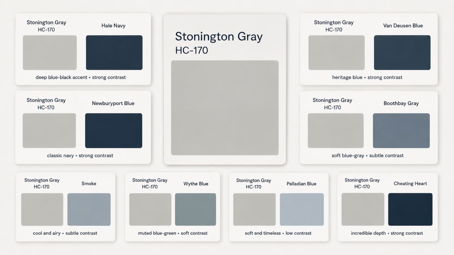 stonington gray paired with navy, blue-gray, blue-green, and deep blue-black accent colors