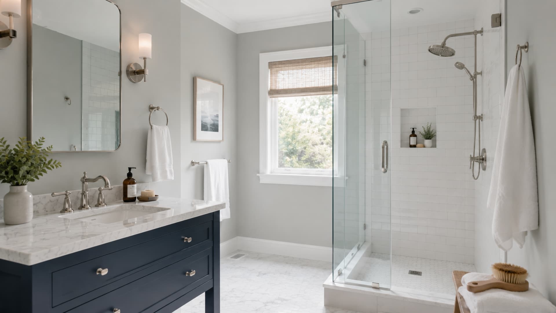 Stonington Gray bathroom with white tile, navy vanity, chrome taps, and soft natural daylight