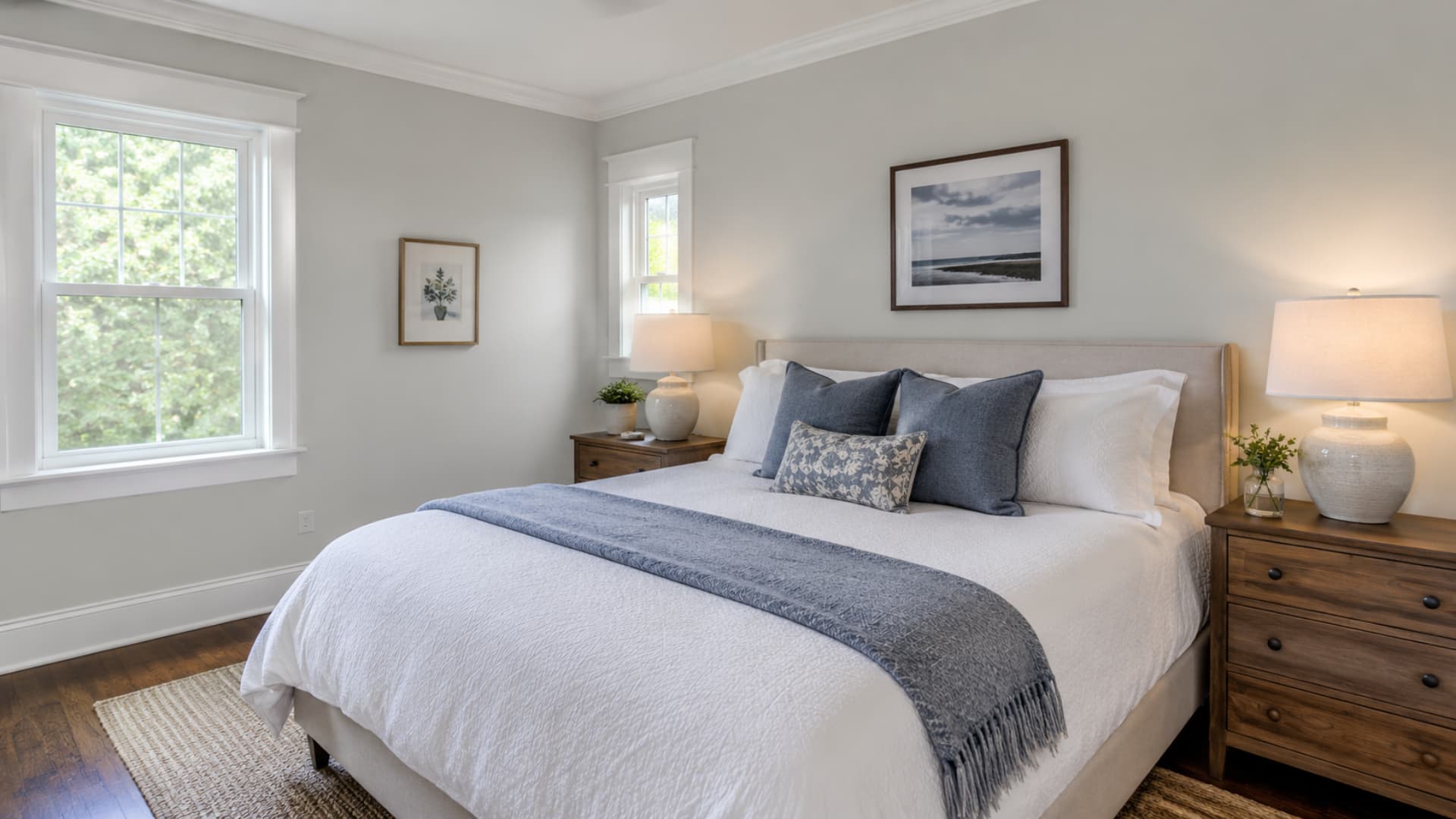 Stonington Gray bedroom with soft white bedding, blue accents, warm wood, and crisp trim