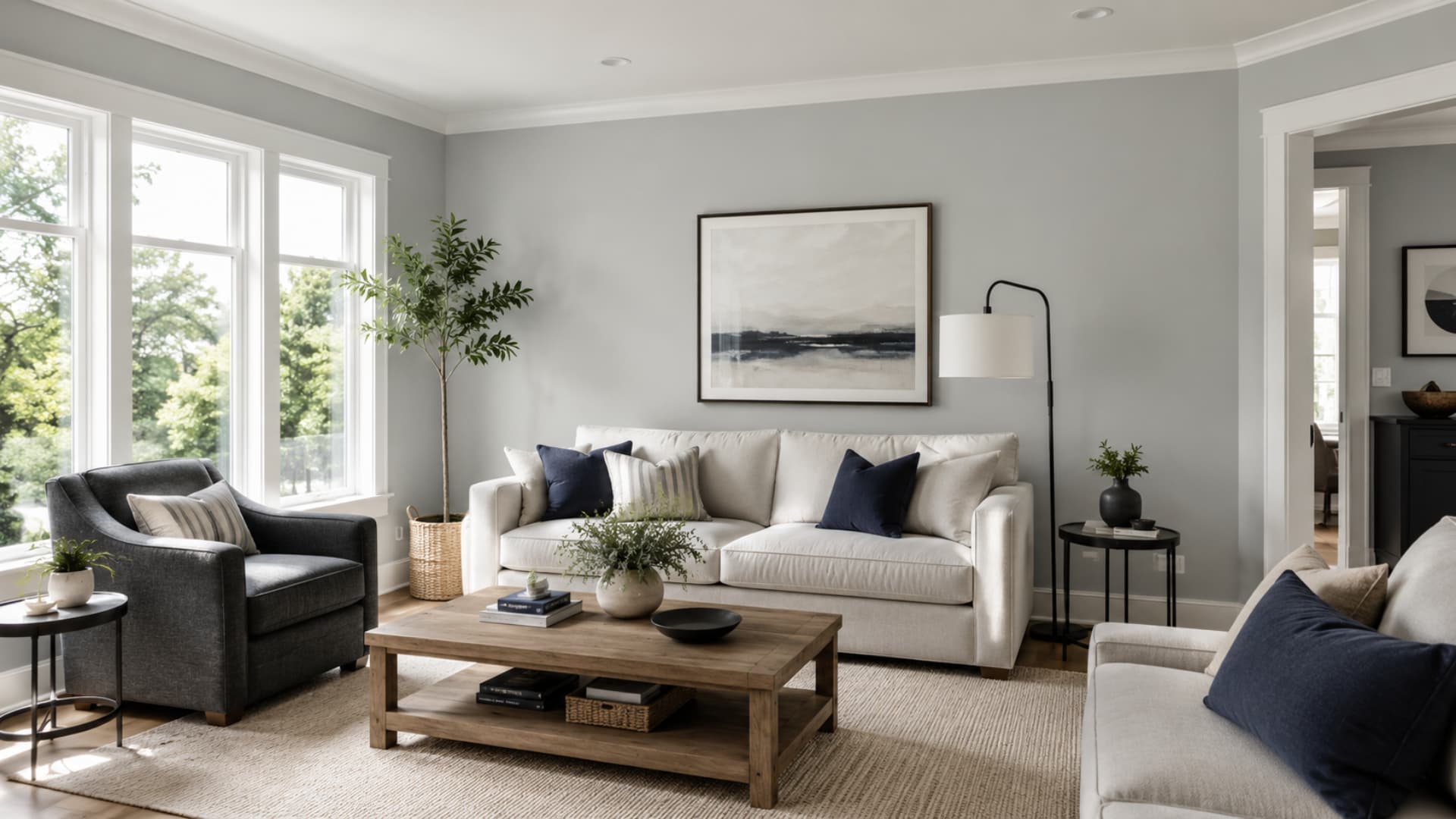 Stonington Gray living room with white trim, navy pillows, warm wood floors, and soft daylight
