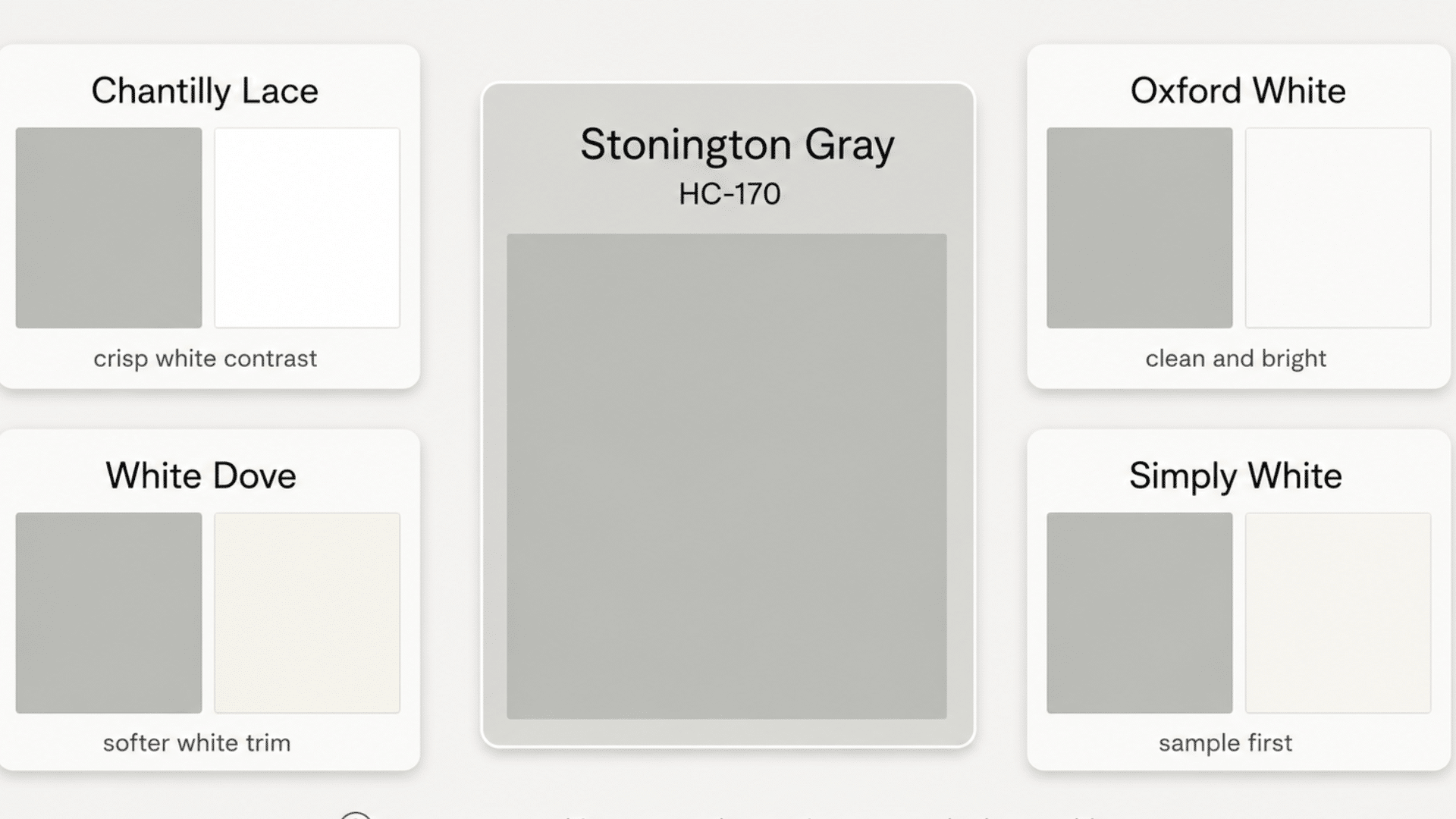 stonington gray paired with chantilly lace, oxford white, white dove, and simply white trim colors