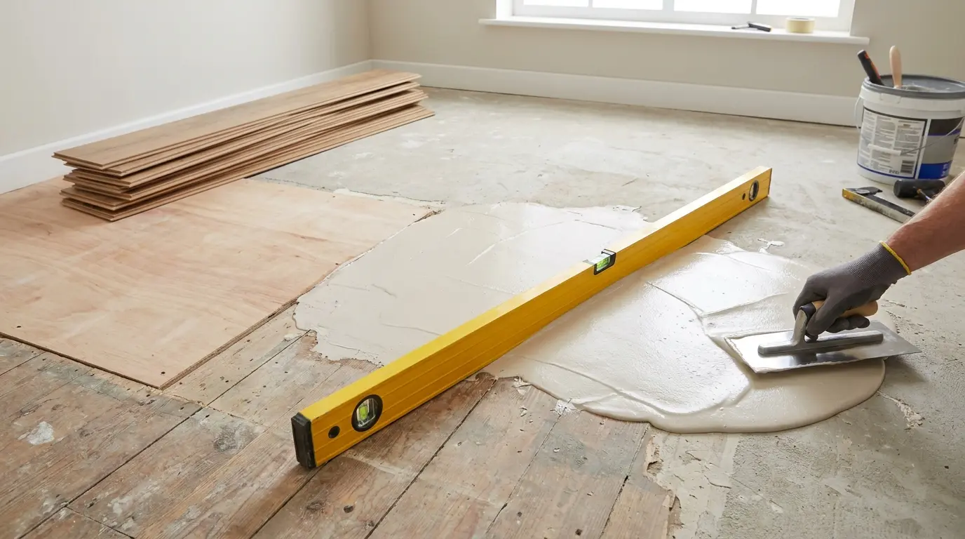 subfloor being leveled and repaired with tools before laminate flooring is installed in a room
