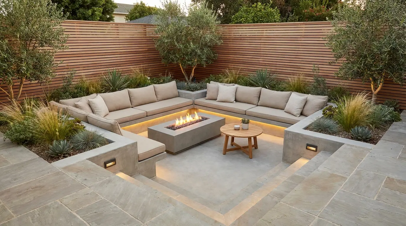 sunken backyard conversation pit with built-in seating, cushions, fire feature, and modern planting around