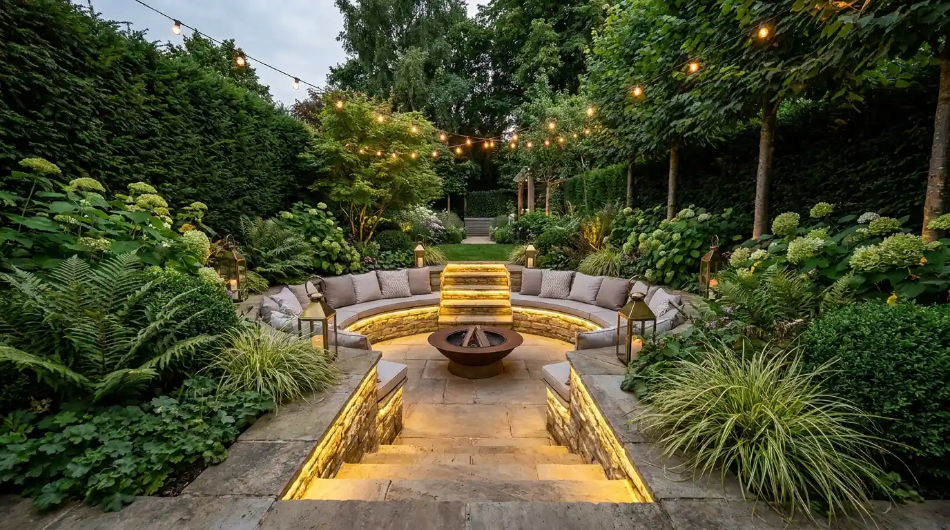 sunken seating garden with stone steps and plants