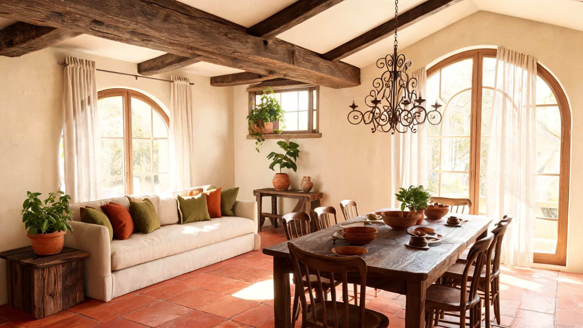 sunlit dining room with rustic beams, warm tile floors, and cozy tuscan design charm