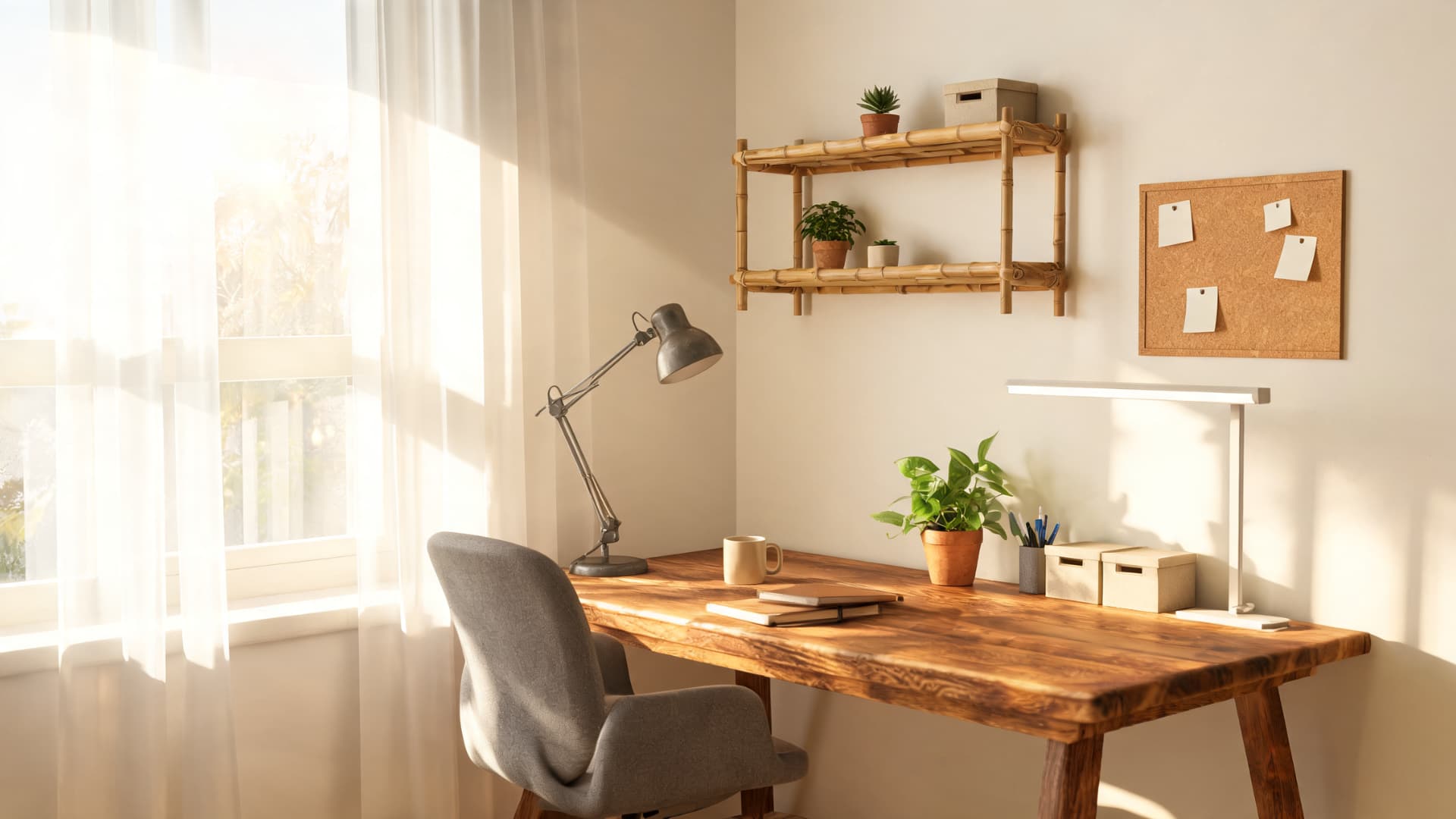 Sunlit home office with wooden desk, gray chair, wall shelves, corkboard, and plants