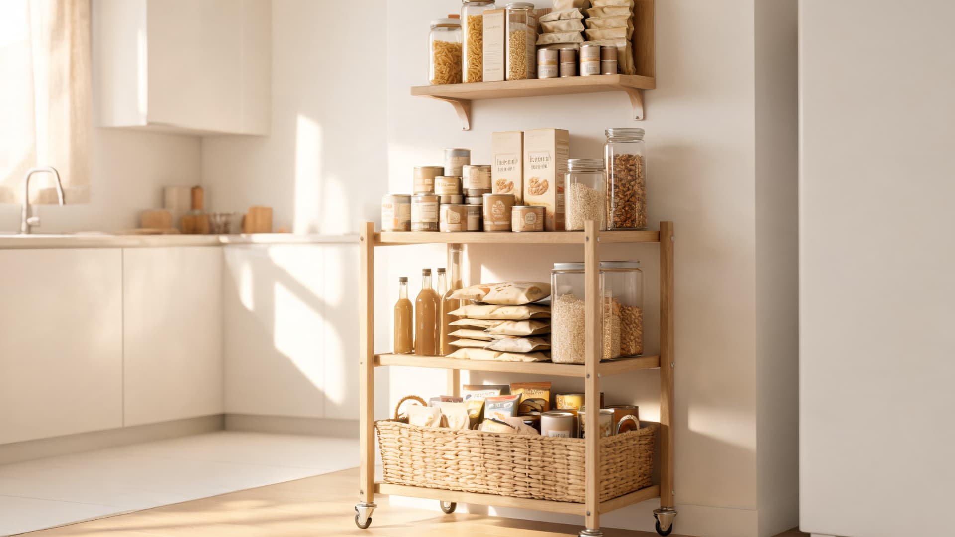 sunlit kitchen cart with wooden shelves woven basket glass jars paper bags bottles and dry pantry storage