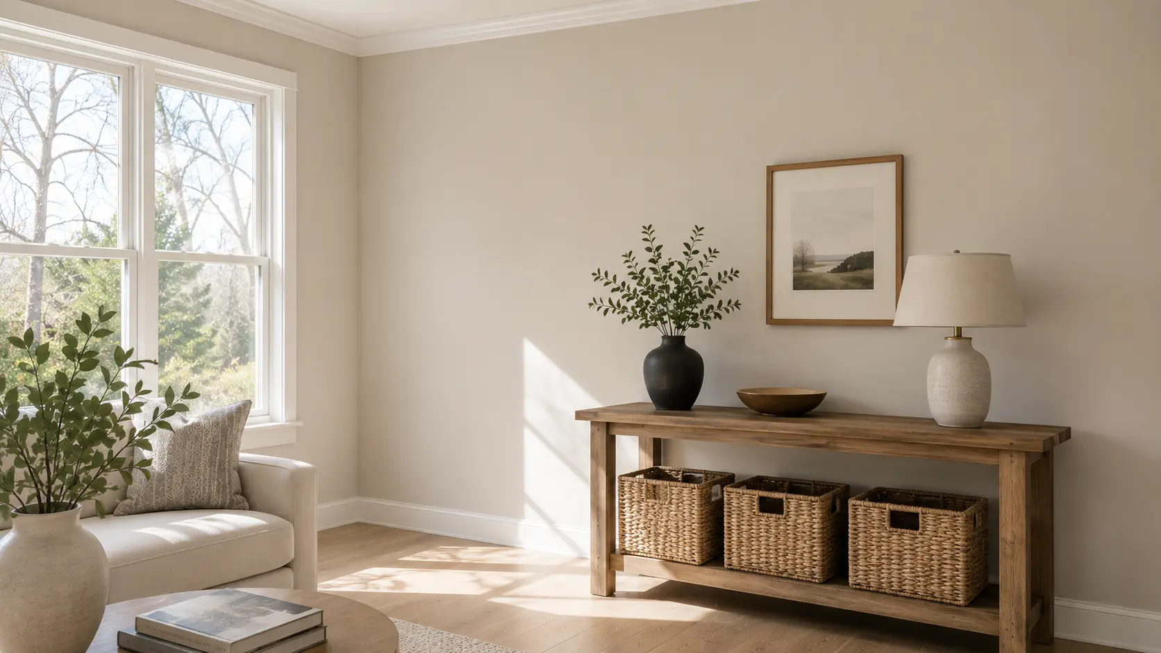 sunlit living room with pale oak walls sheer curtains white bedding and natural wood accents