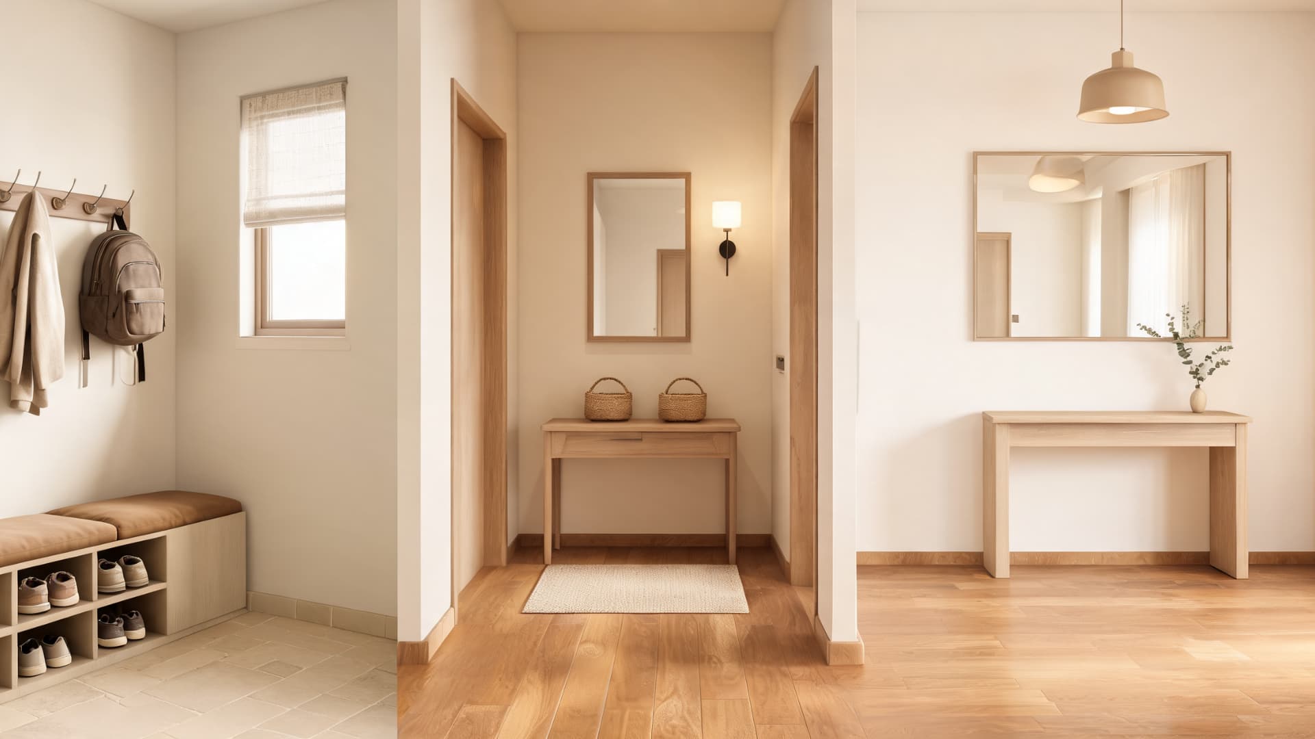 sunlit modern home entry with mudroom bench, shoe cubbies, wall hooks, console table, and foyer with mirror and simple decor (1)