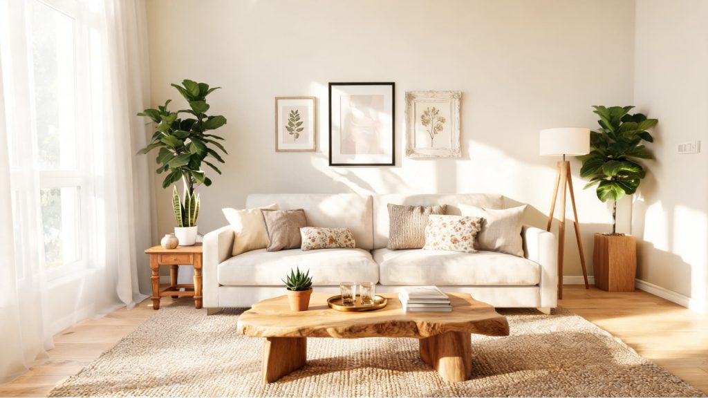 sunlit neutral living room with plants, wood accents, soft textures, and cozy modern organic style