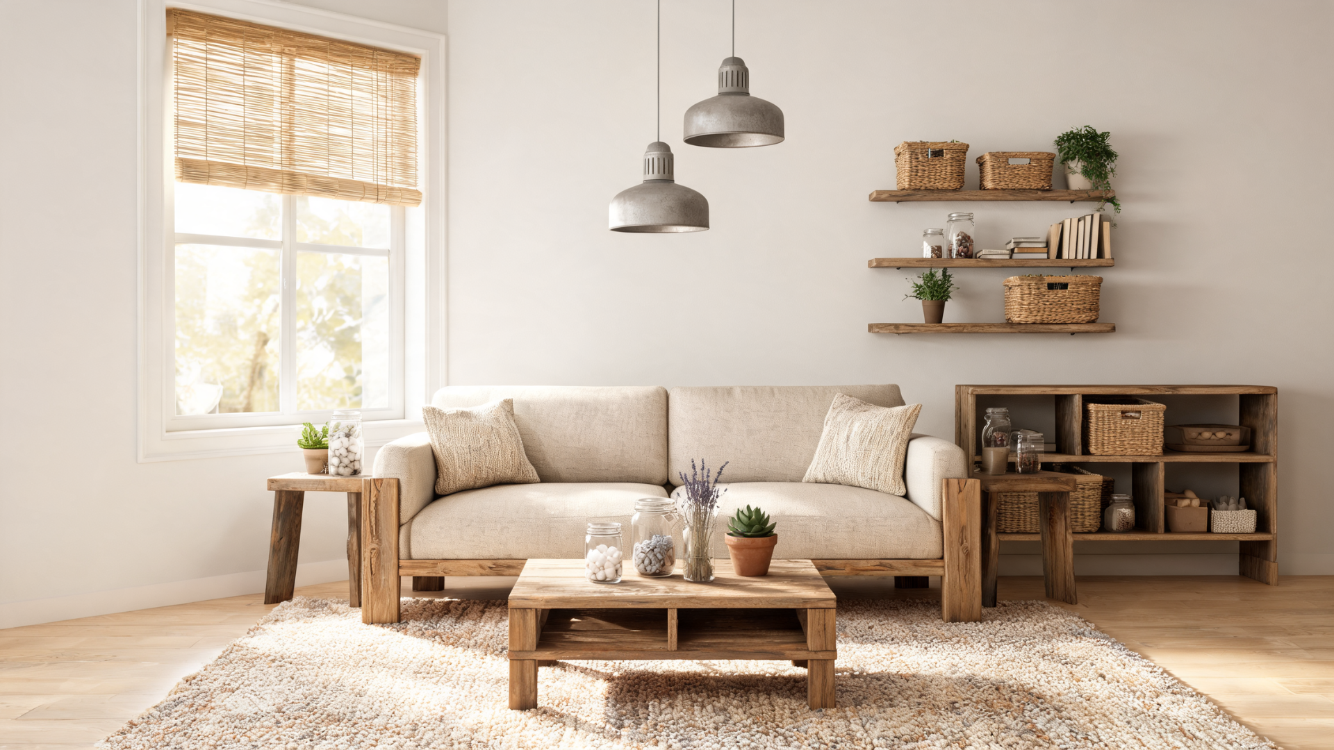 Sunlit rustic living room with beige sofa, wooden tables, wicker baskets, and plants