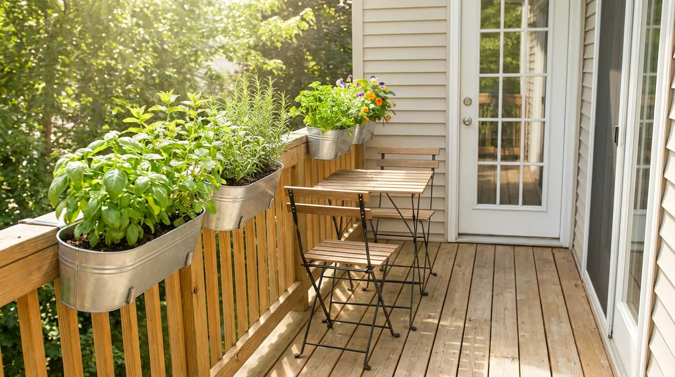 sunny small deck with railing herb garden of basil mint rosemary and parsley