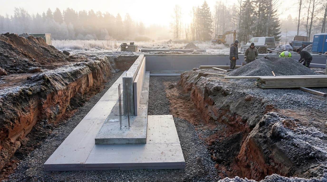 t-shaped foundation with deep footings walls and slab above showing realistic soil textures