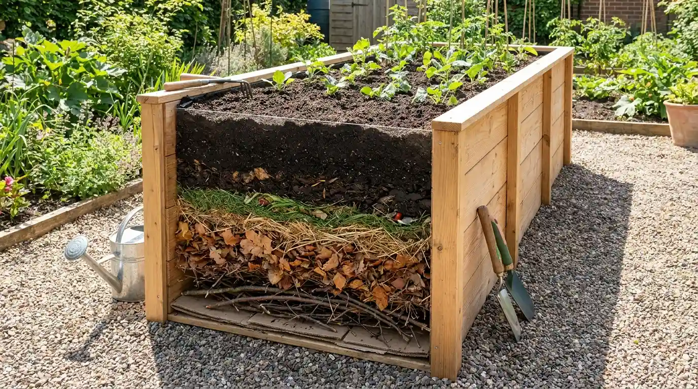 tall raised garden bed with branches leaves compost and rich topsoil in budget layers