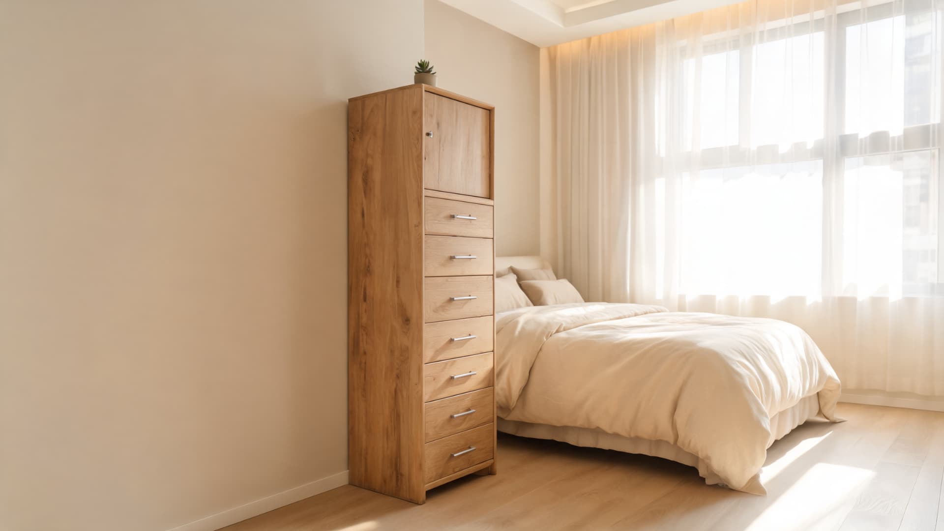 sunlit minimalist bedroom with tall wooden tallboy dresser compact storage and soft neutral modern decor