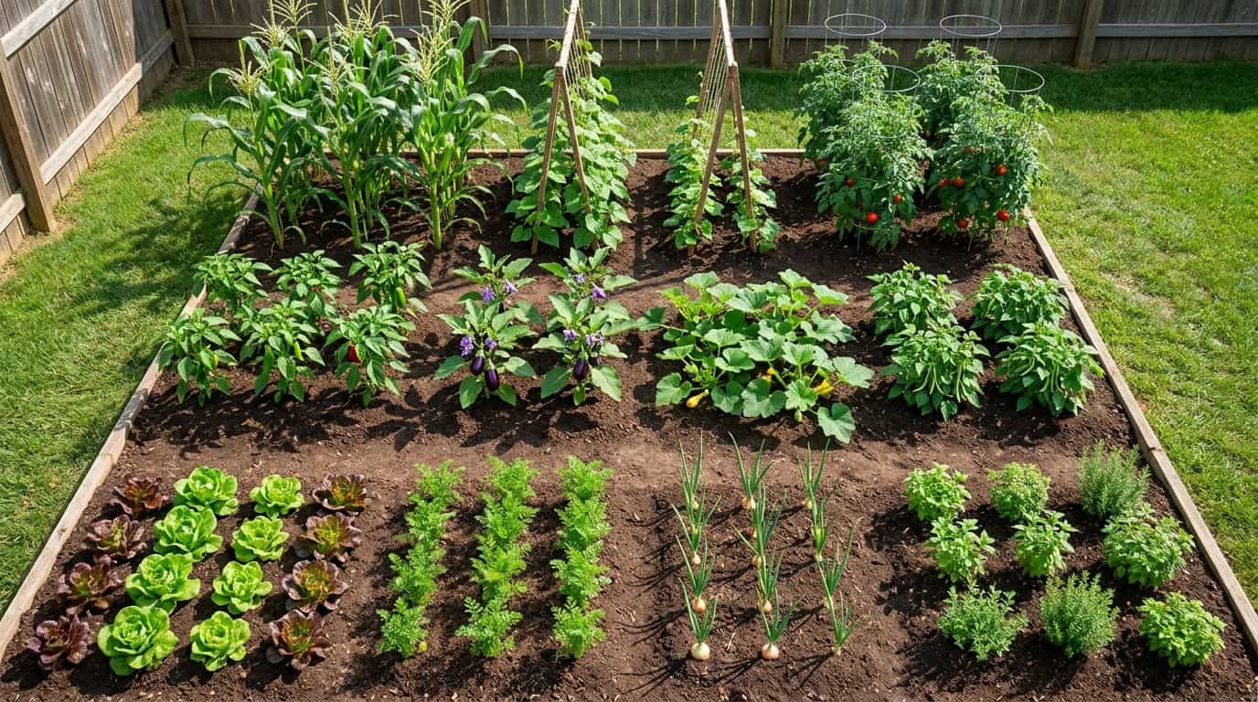 ten by ten raised backyard vegetable garden with tomatoes corn lettuce onions carrots herbs squash peppers and beans (1)