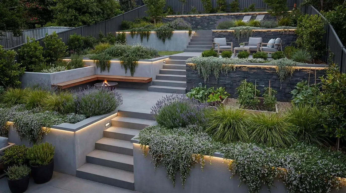 terraced modern garden with layered retaining walls, steps, lighting, and soft plants on a slope outside