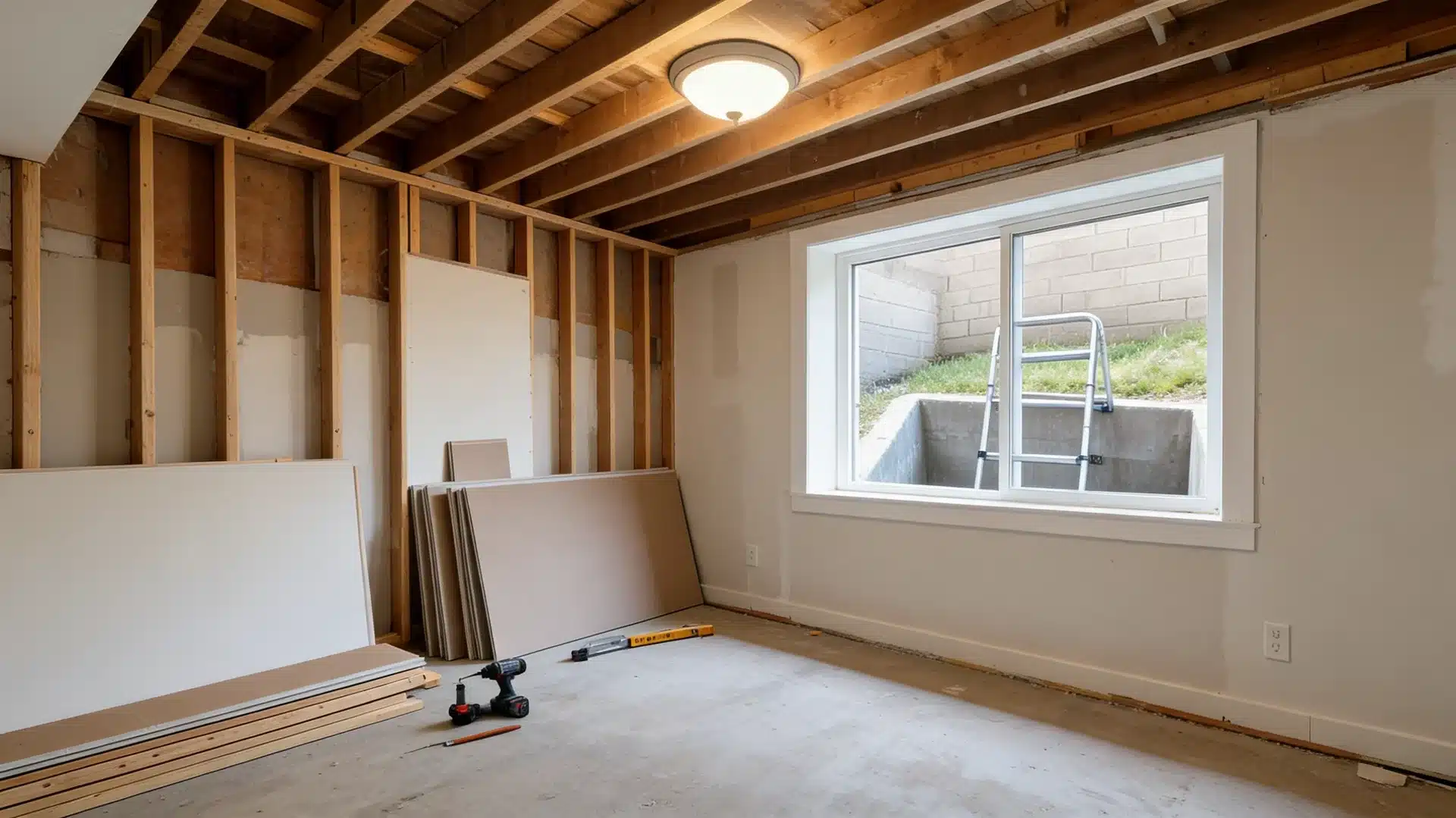 the egress window and framed walls show how much it costs to finish a basement with drywall and safety upgrades