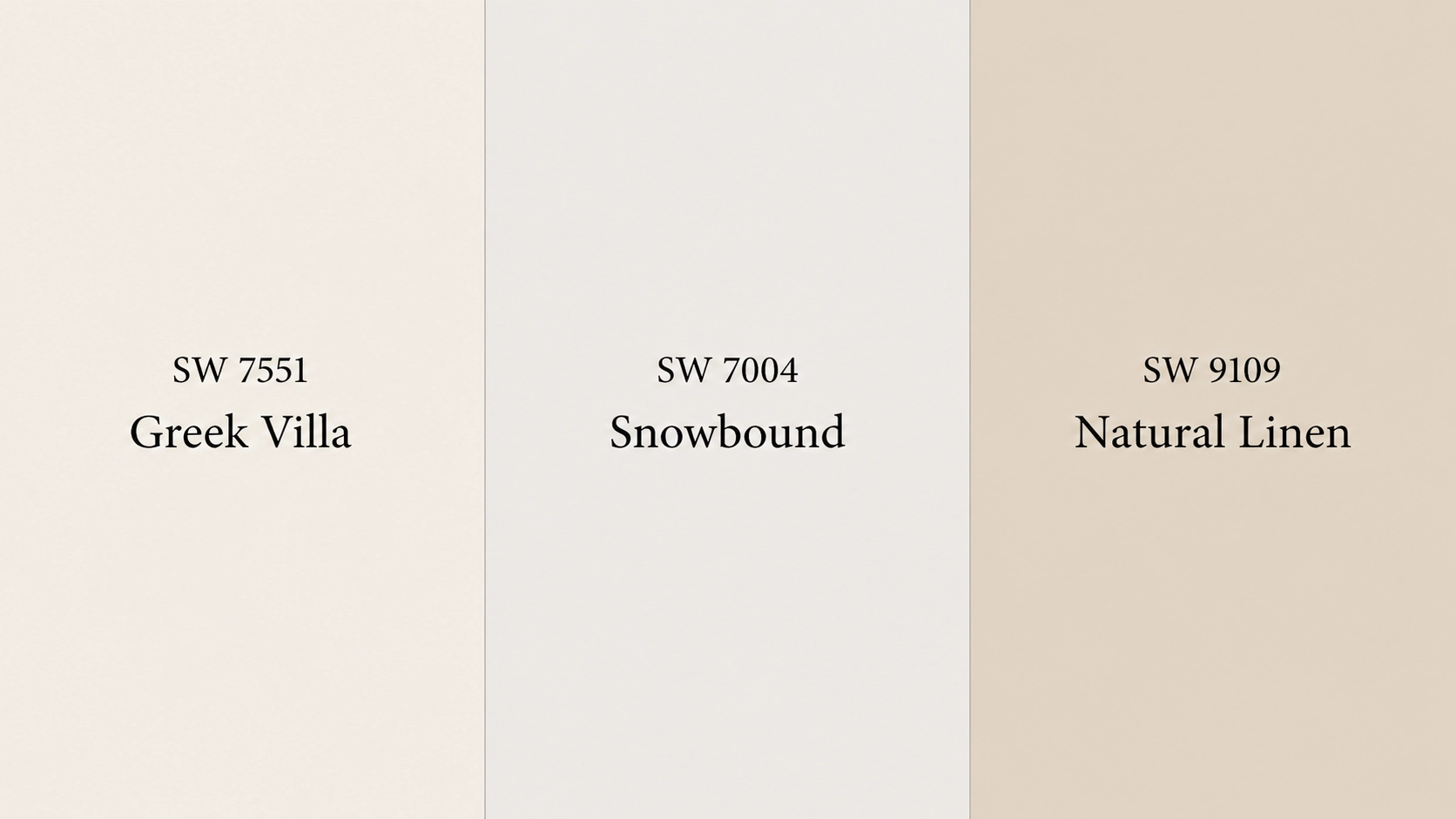 three panel comparison of greek villa, snowbound, and natural linen sherwin-williams paint colors