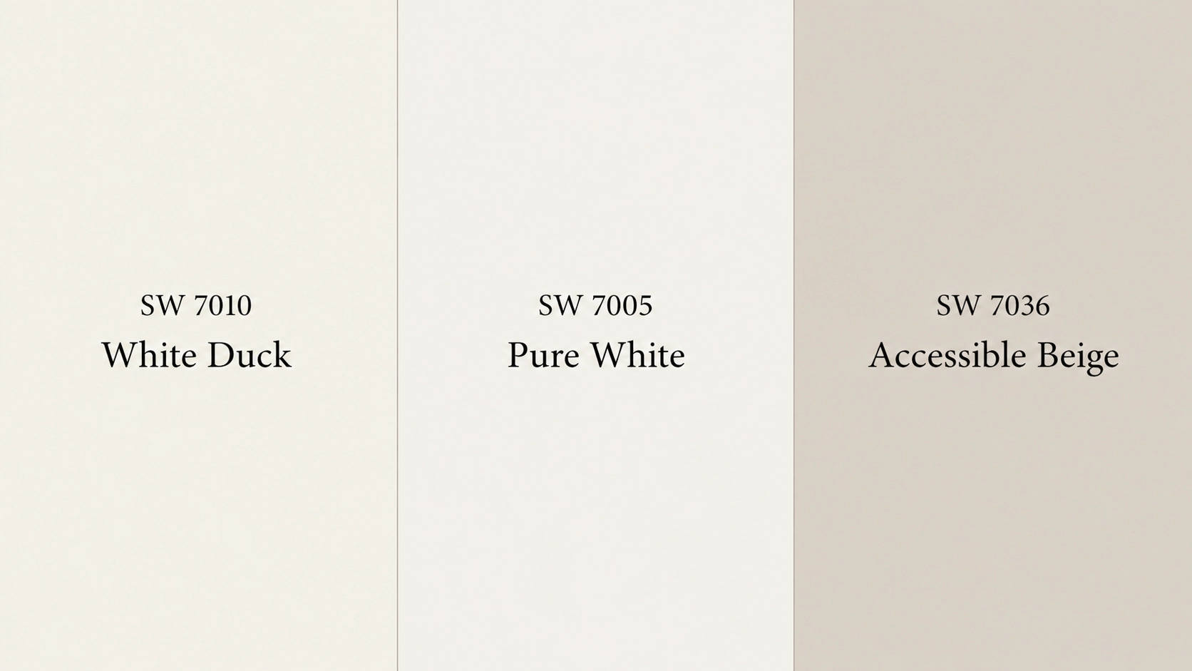 three panel comparison of white duck, pure white, and accessible beige sherwin-williams paint colors