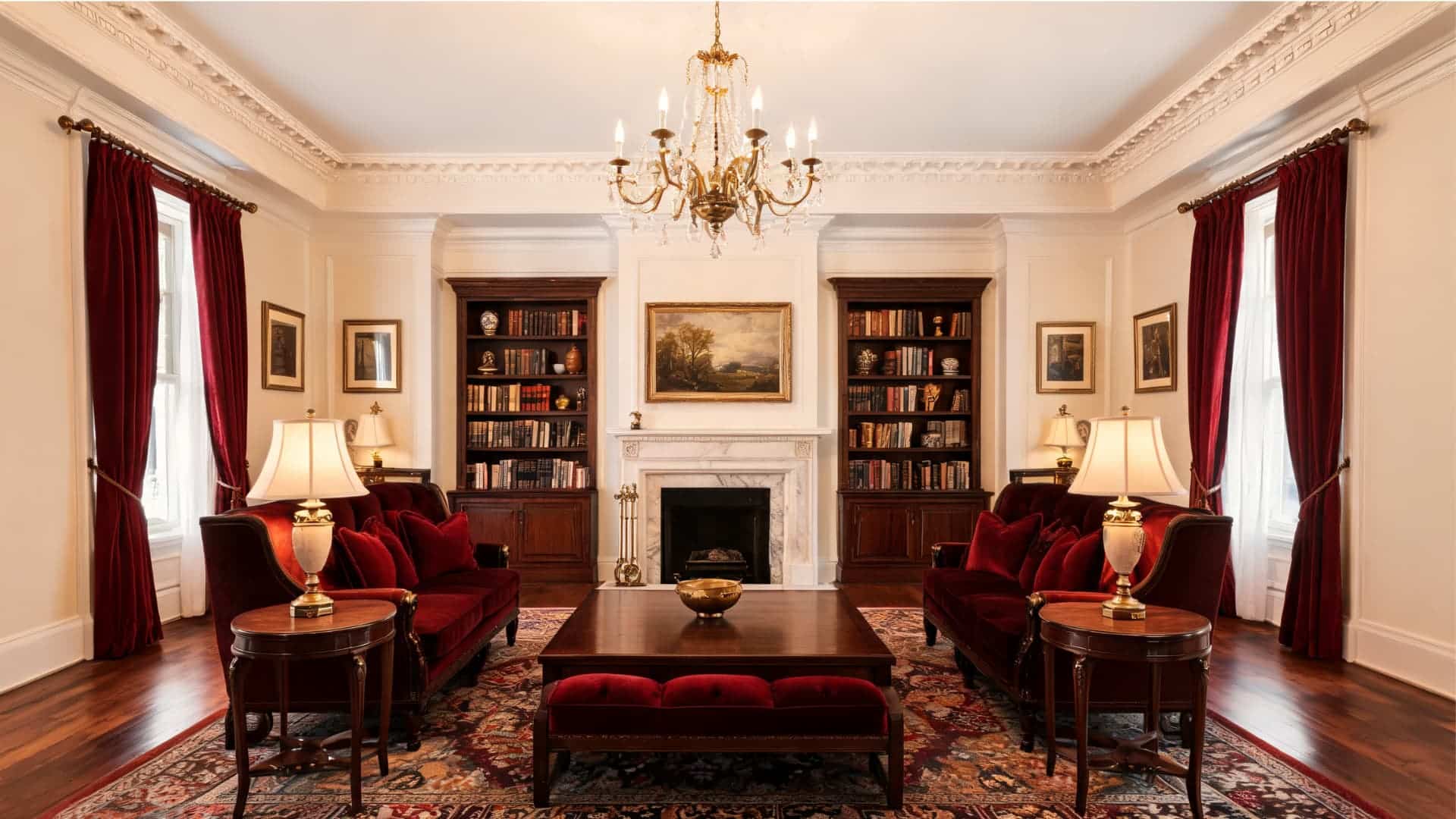 traditional living room with red velvet seating, ornate molding, chandelier, dark wood, and classic decor