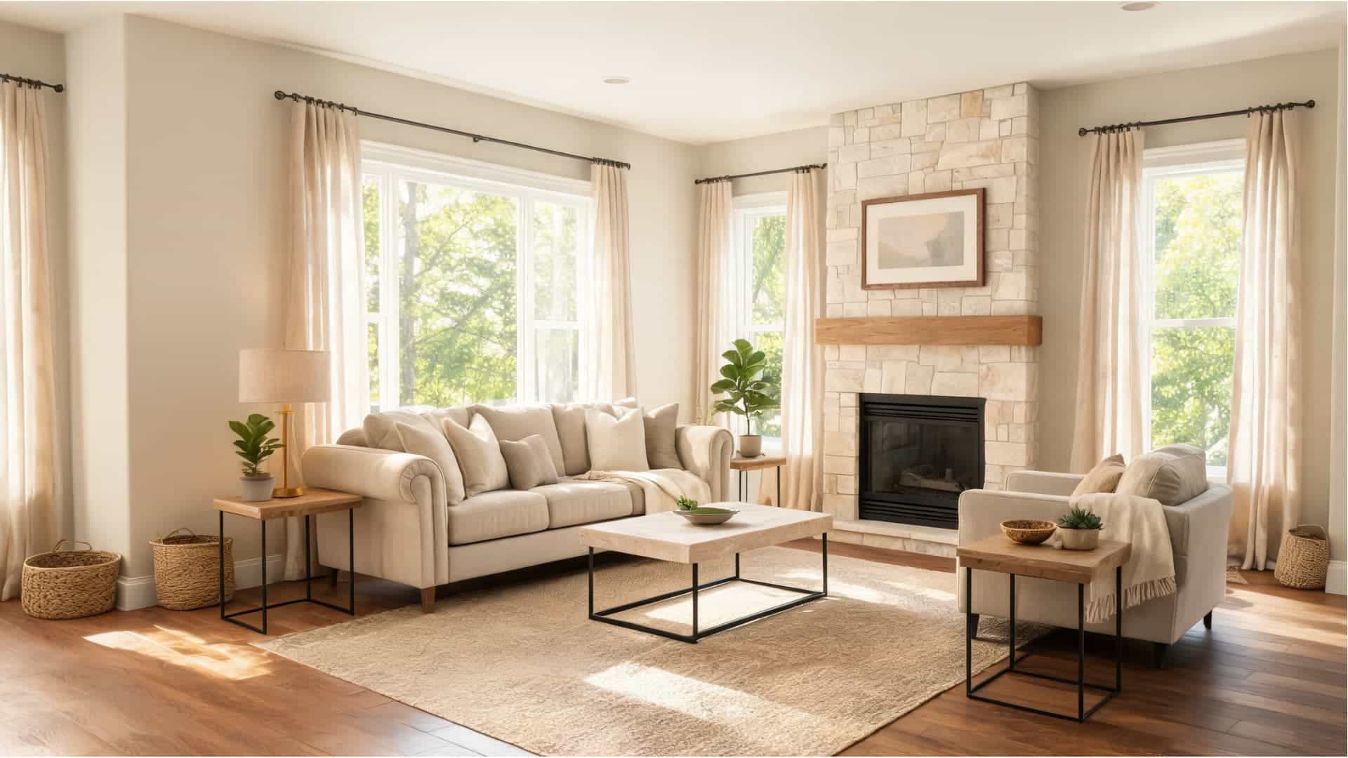 transitional living room with neutral seating, stone fireplace, wood accents, soft curtains, and warm light