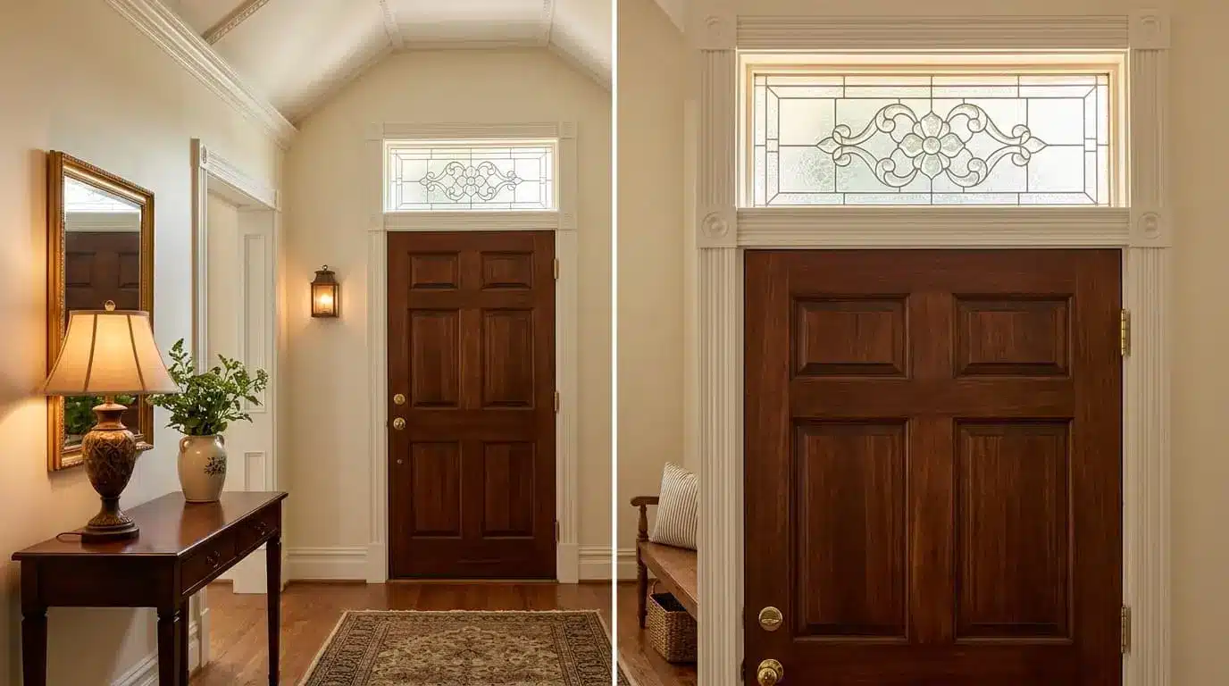 transom window above a front door bringing extra daylight into a home entryway