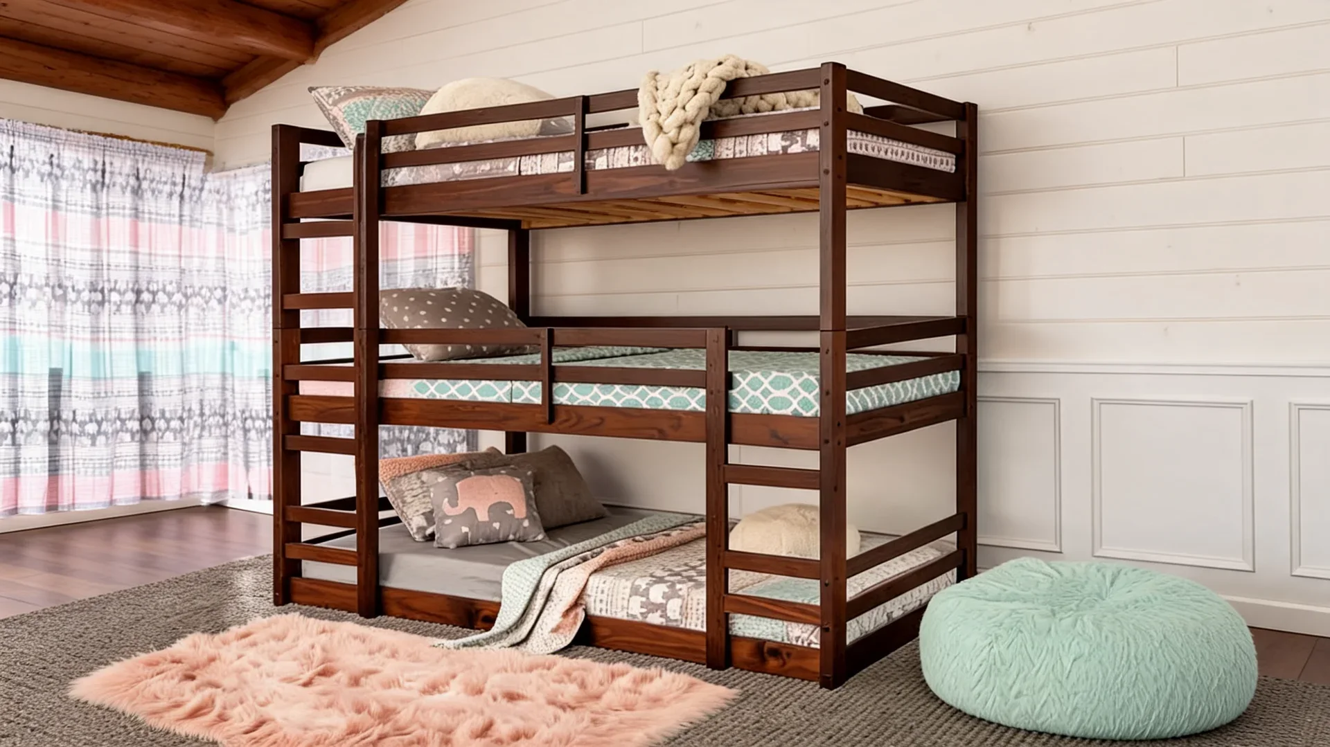 triple bunk beds in a cabin sleep room with guardrails ladder access and simple bedding