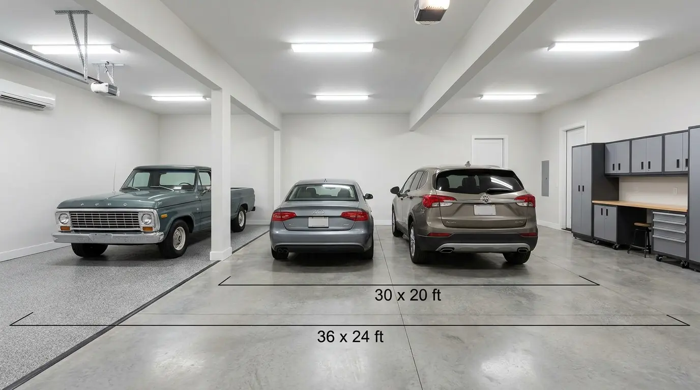 triple car garage dimensions with three parking bays and clear access space for daily use
