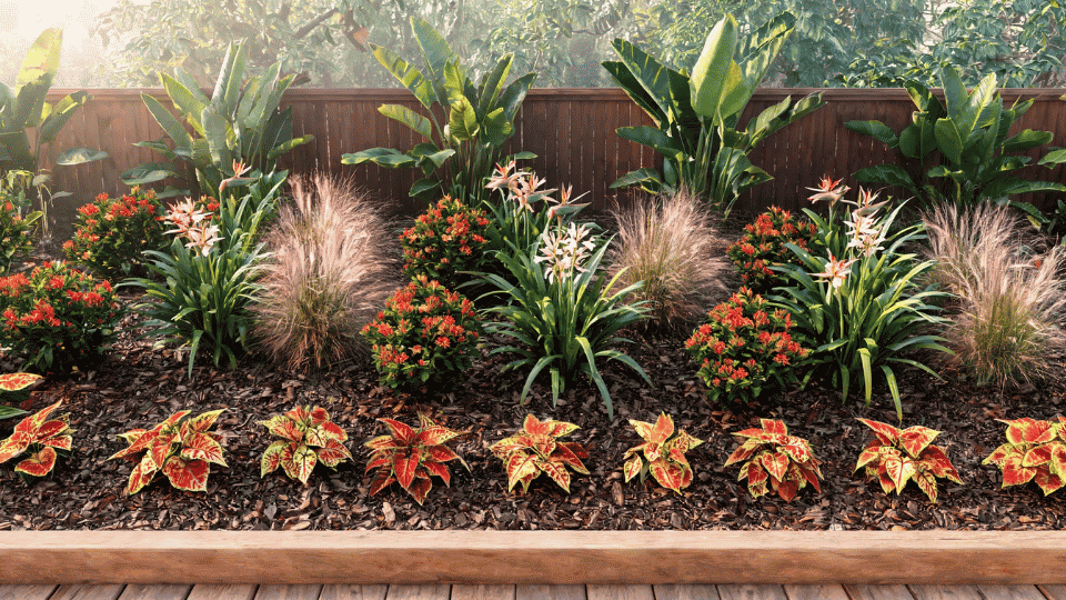 tropical border with spaced bold foliage, clean edging and soft elevated humid garden view