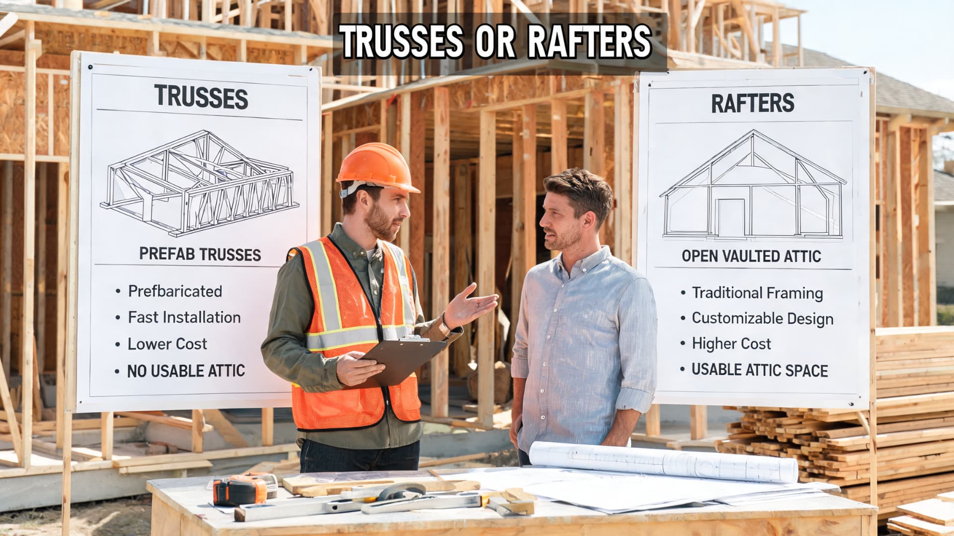 a builder compares trusses and rafters with a homeowner using roof framing charts at a new construction site
