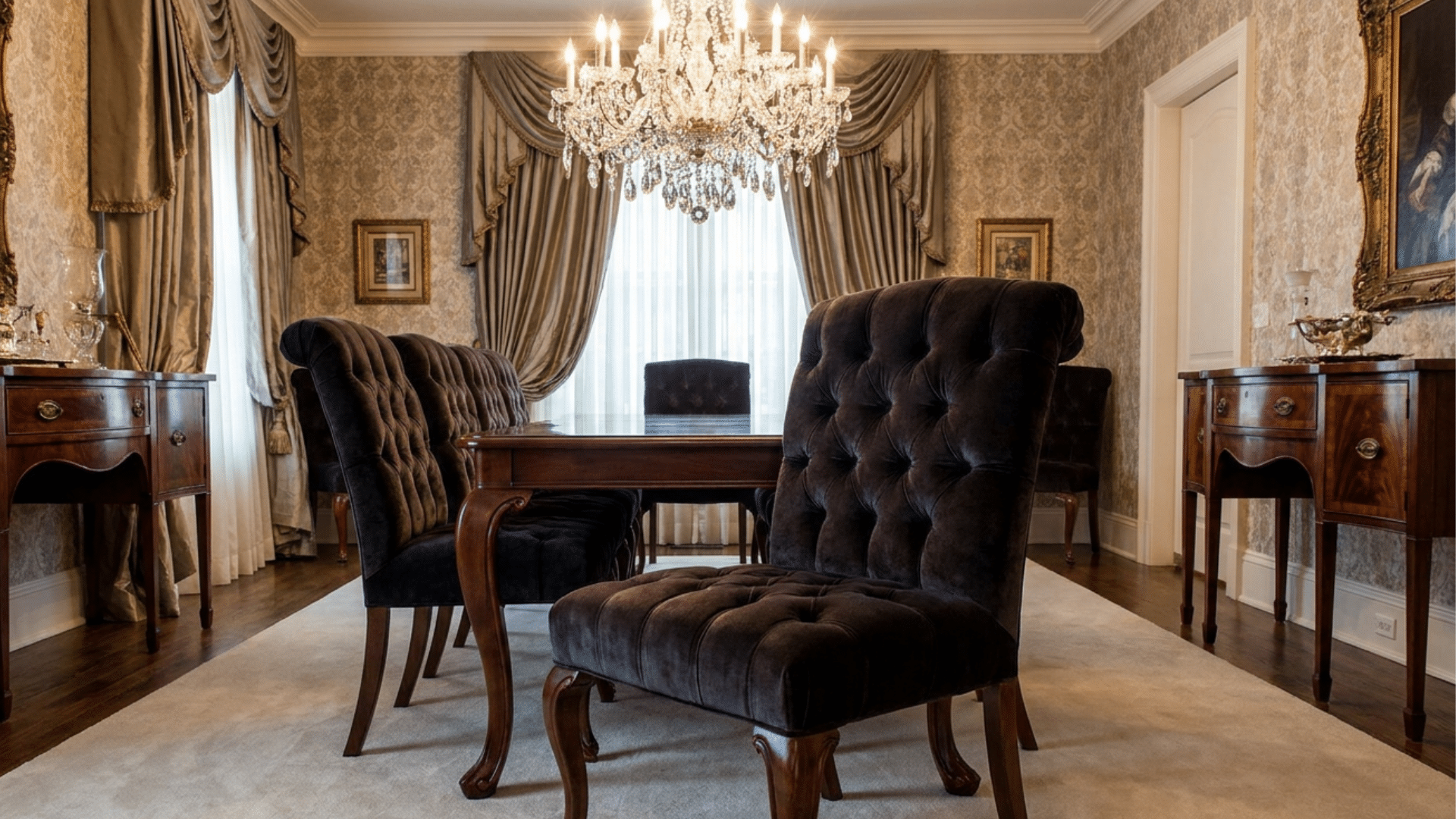 tufted dining chair with button upholstery in luxury formal dining room elegant chandelier lit interior