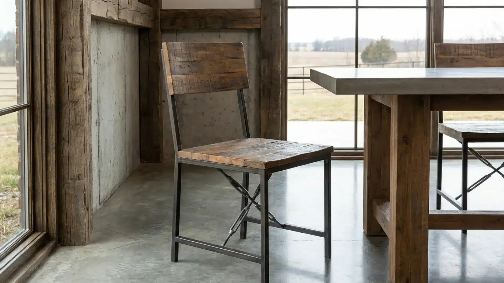 wood and metal turnbuckle dining chair in rustic industrial farmhouse dining room modern raw style