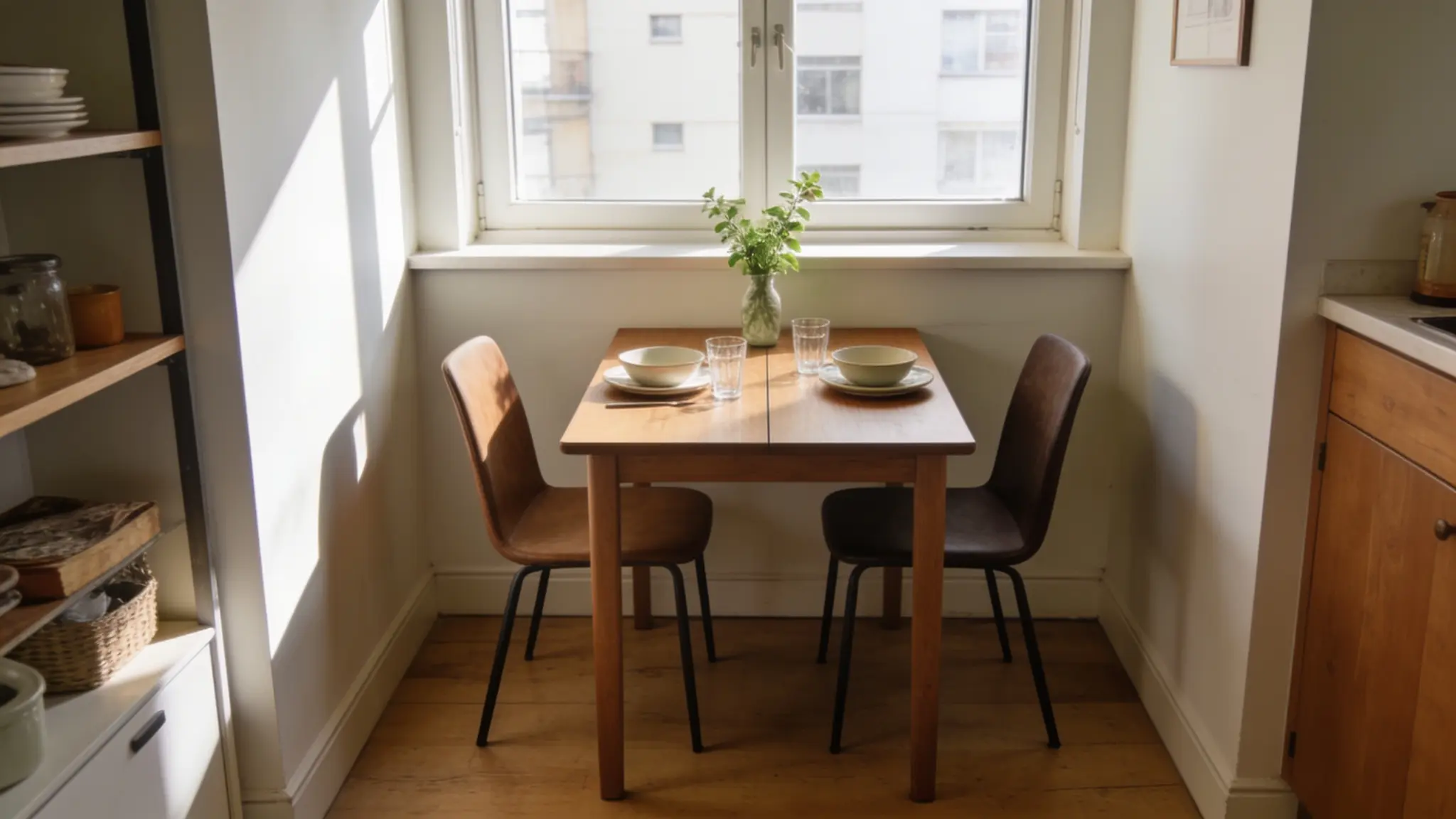 Two-person dining table in a small kitchen corner
