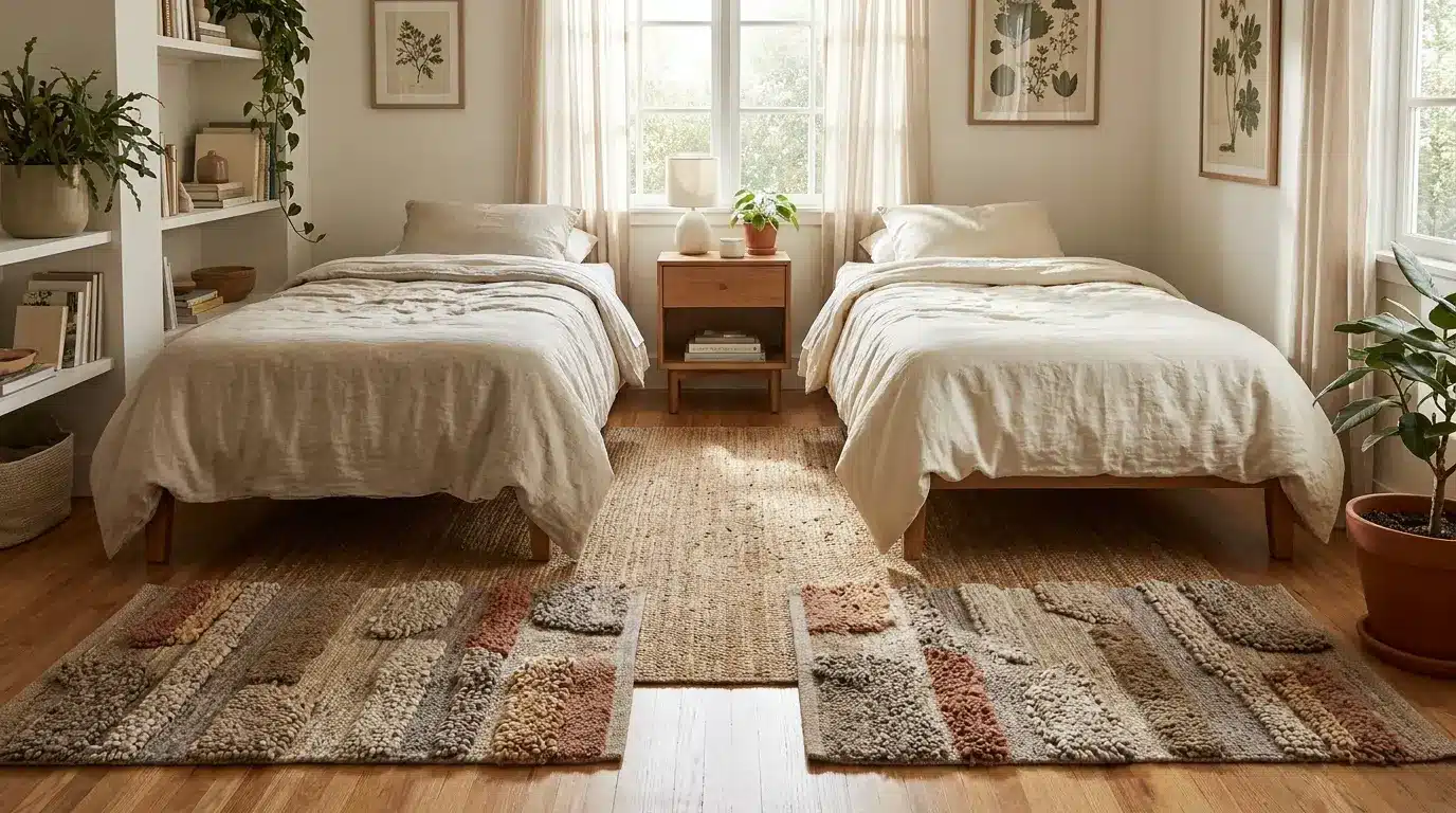 two small textured rugs beside a shared bedroom bed with warm decor and clear flooring