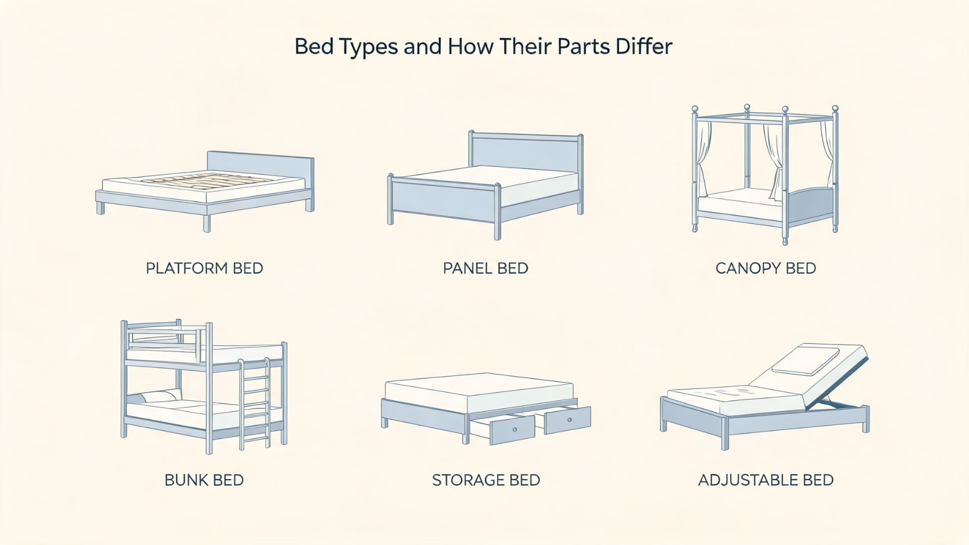 simple bed type comparison chart showing platform panel canopy bunk storage and adjustable beds