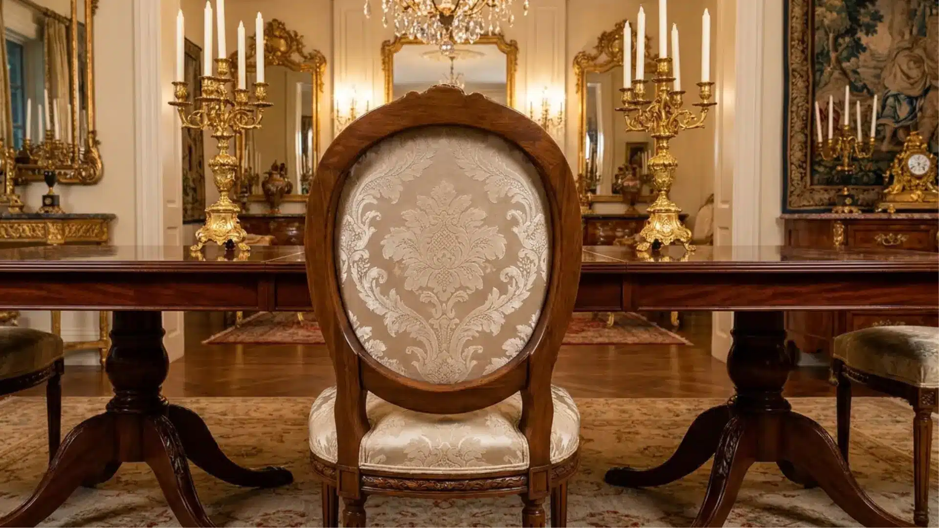 king louis dining chair with oval back upholstered seat in luxury formal dining room interior