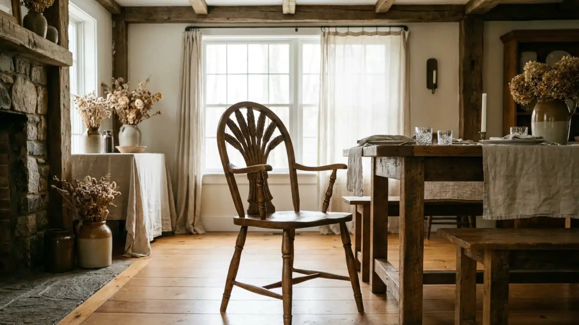 sheaf back dining chair with wheat inspired spindle design rustic farmhouse dining interior