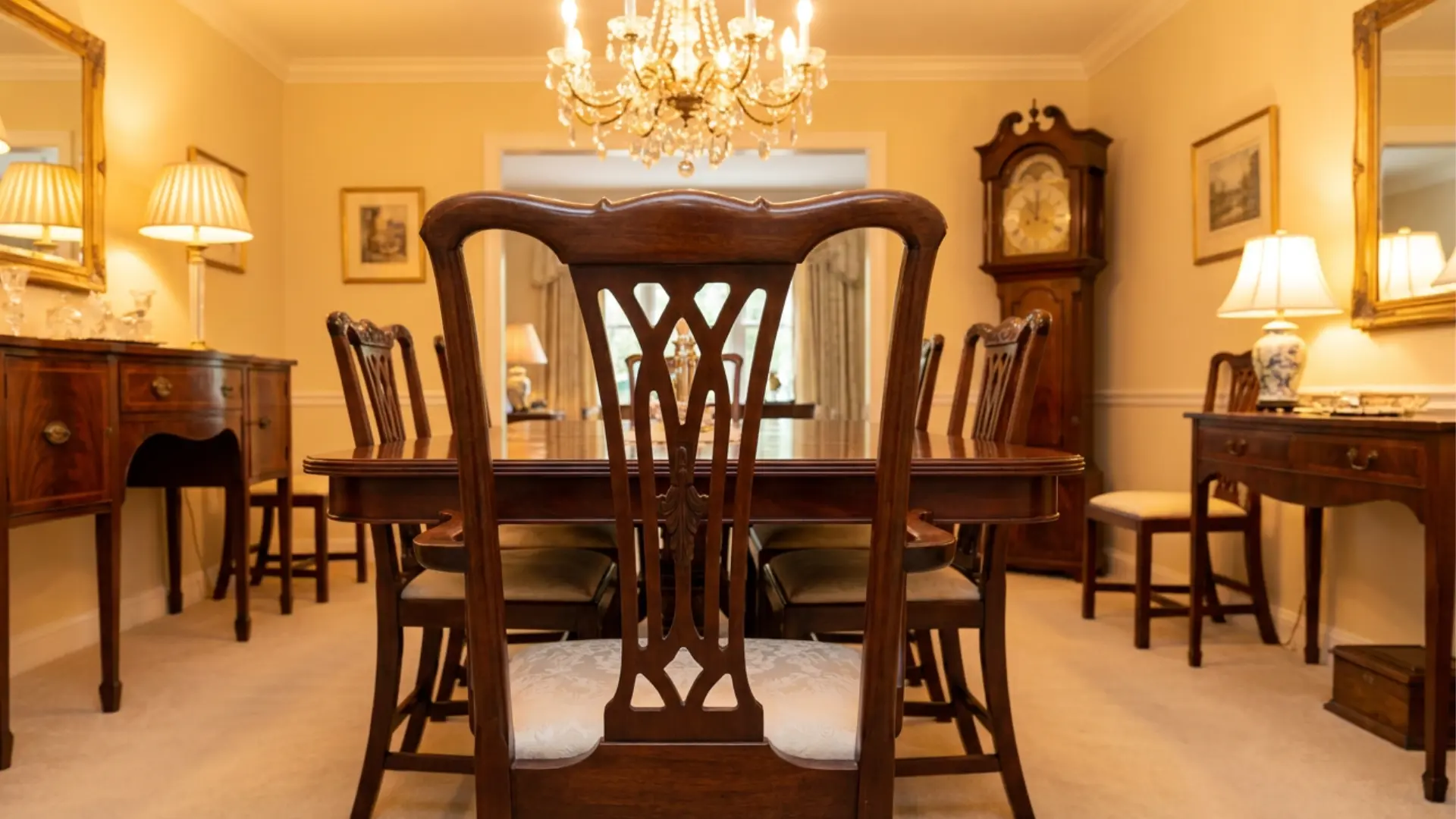 splat back dining chair with carved center panel in traditional formal dining room interior style