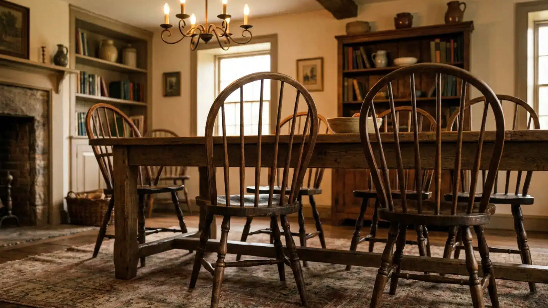 windsor dining chair in traditional room with spindle back wooden seat farmhouse style interior