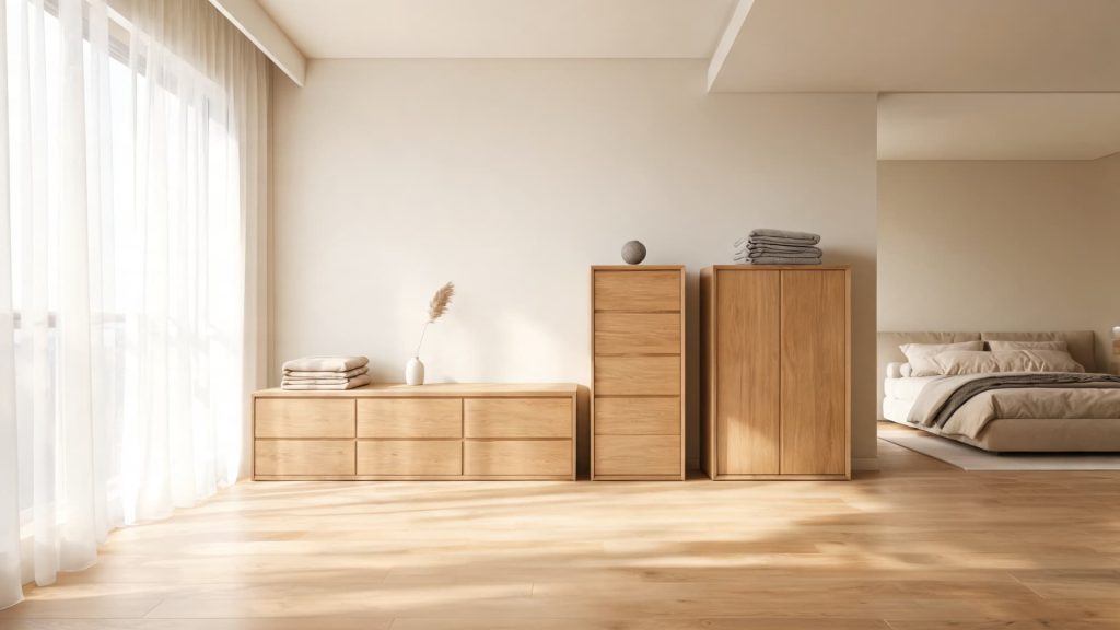 bright minimalist bedroom with wooden storage dressers soft sunlight and warm neutral interior decor
