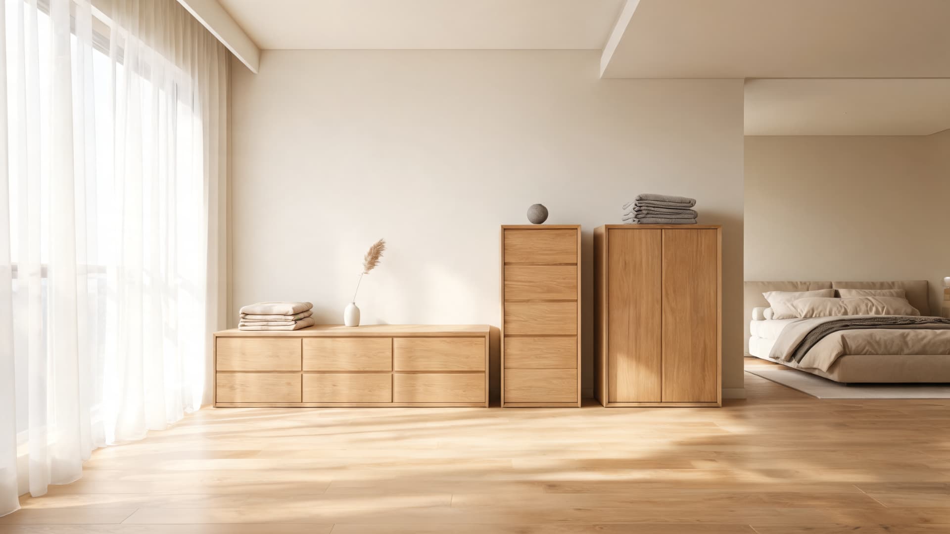 bright minimalist bedroom with wooden storage dressers soft sunlight and warm neutral interior decor