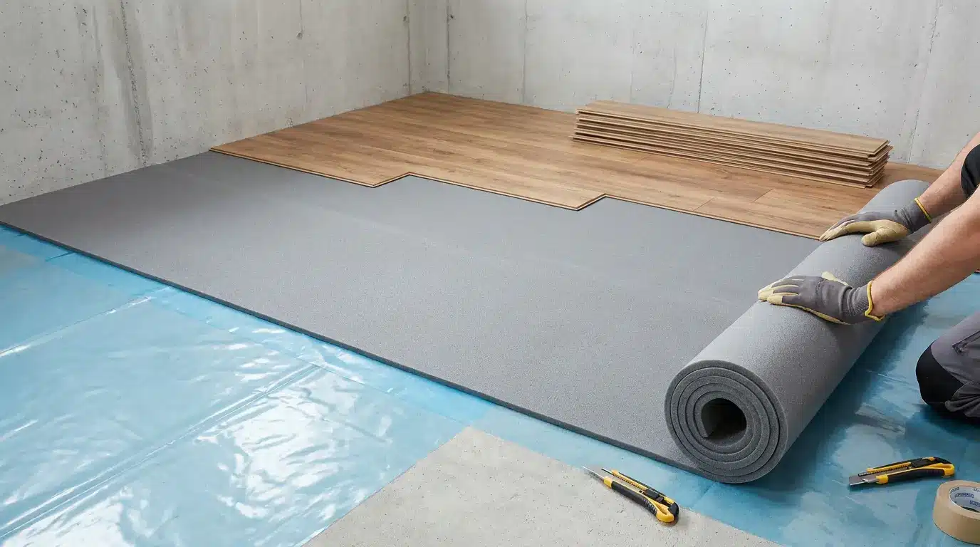 underlayment and moisture barrier being placed under laminate planks on a clean concrete subfloor
